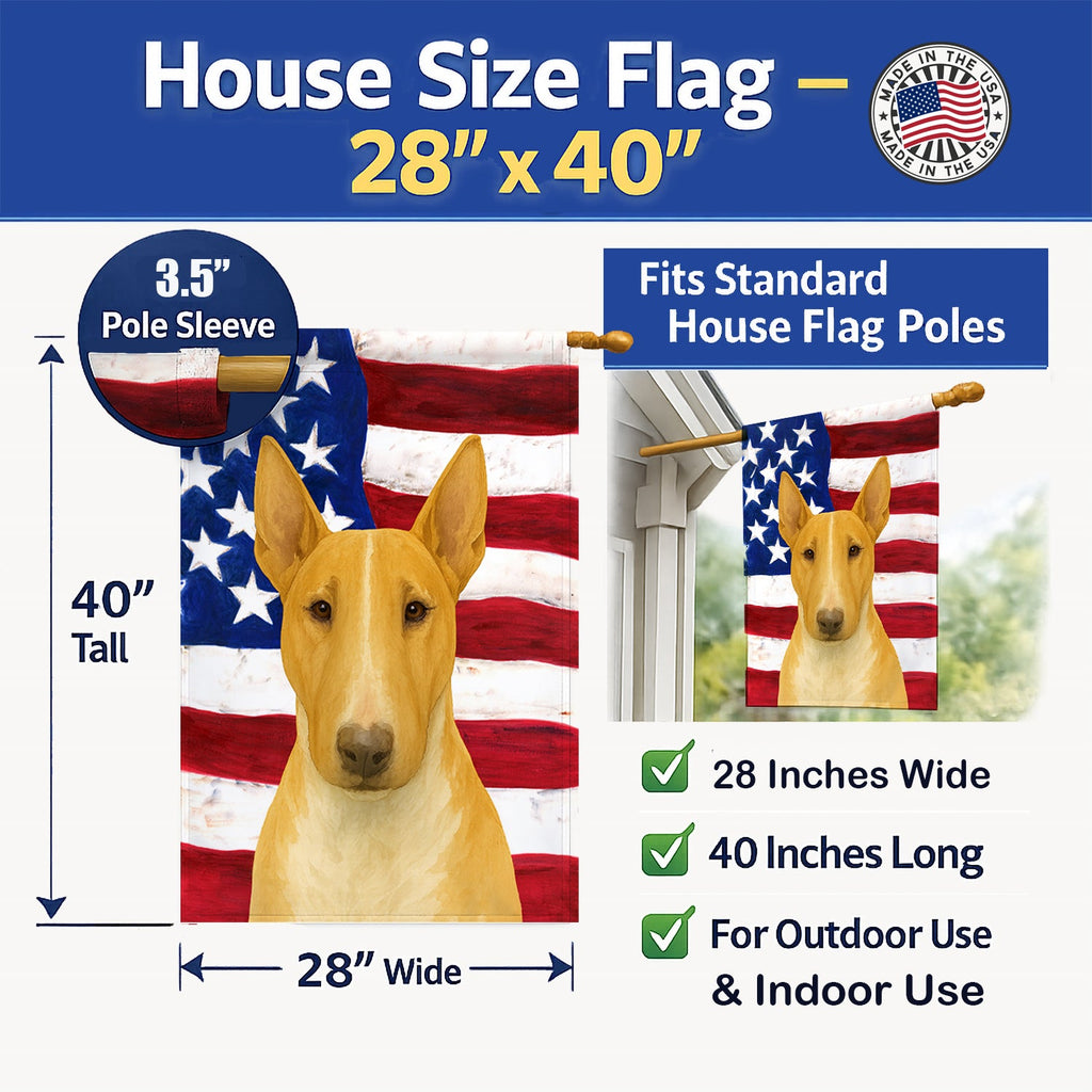 Fawn and White Bull Terrier American Flag House Flag 28x40 Porch Sleeve Pole Decorative Outside Yard Banner Artwork Wall Hanging, Polyester