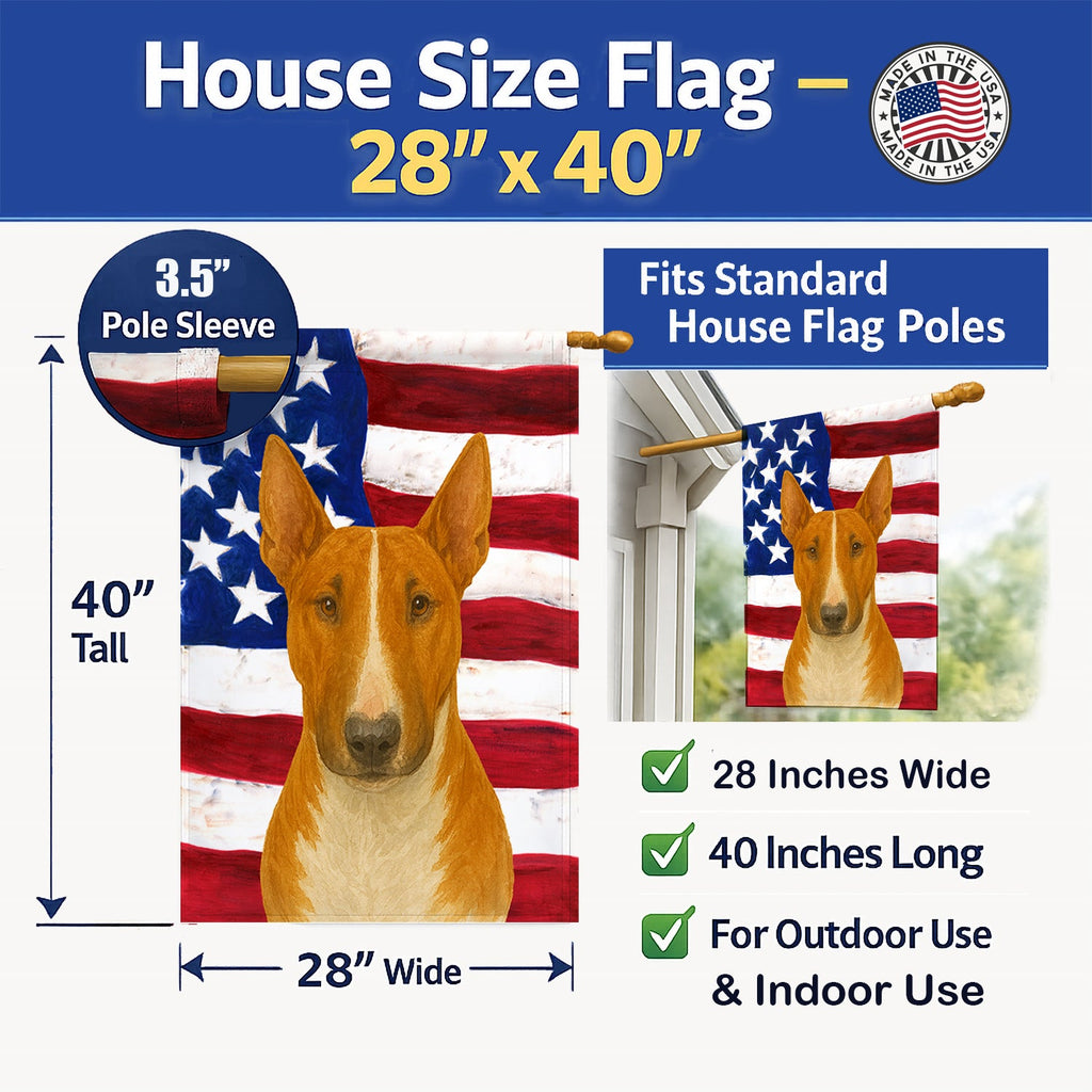 Red and White Bull Terrier American Flag House Flag 28x40 Porch Sleeve Pole Decorative Outside Yard Banner Artwork Wall Hanging, Polyester