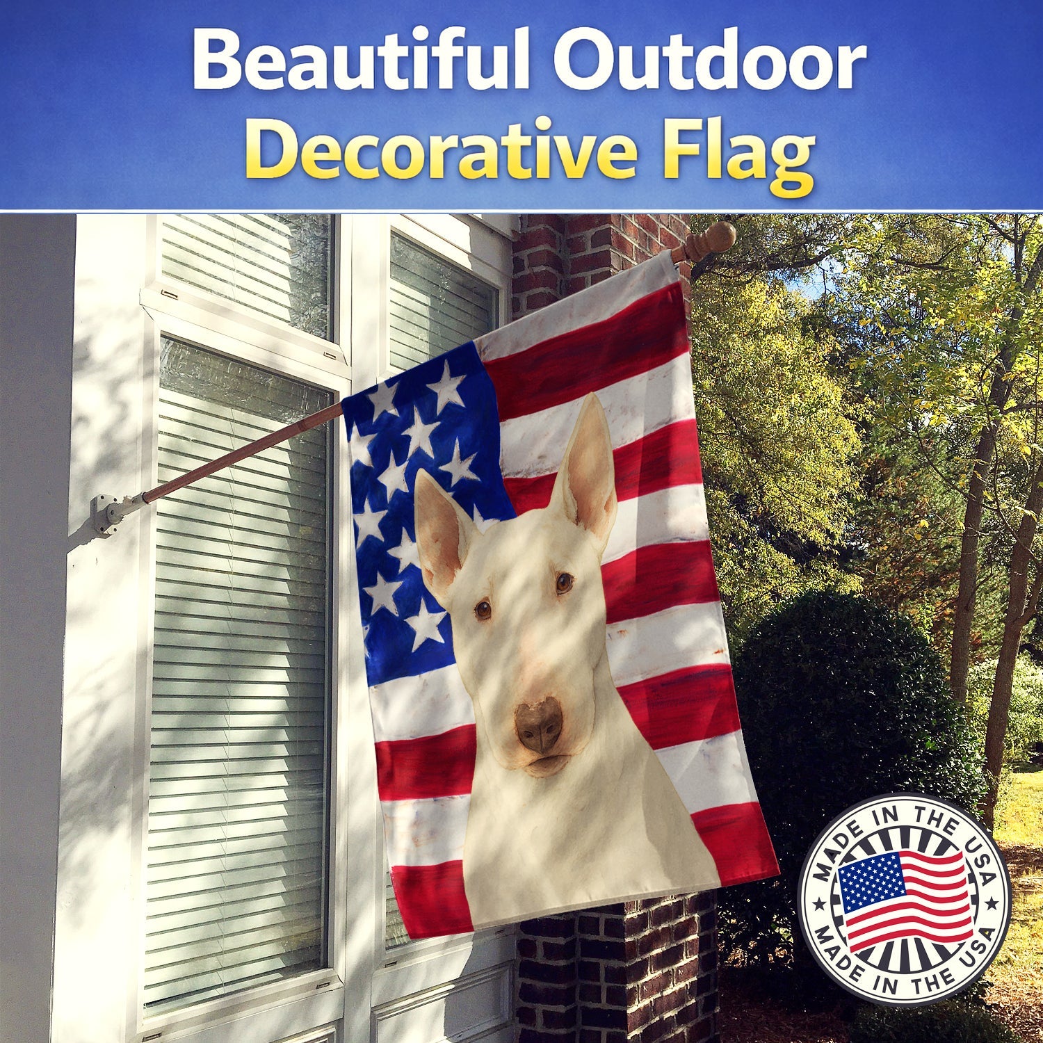 White Bull Terrier American Flag House Flag 28x40 Porch Sleeve Pole Decorative Outside Yard Banner Artwork Wall Hanging, Polyester