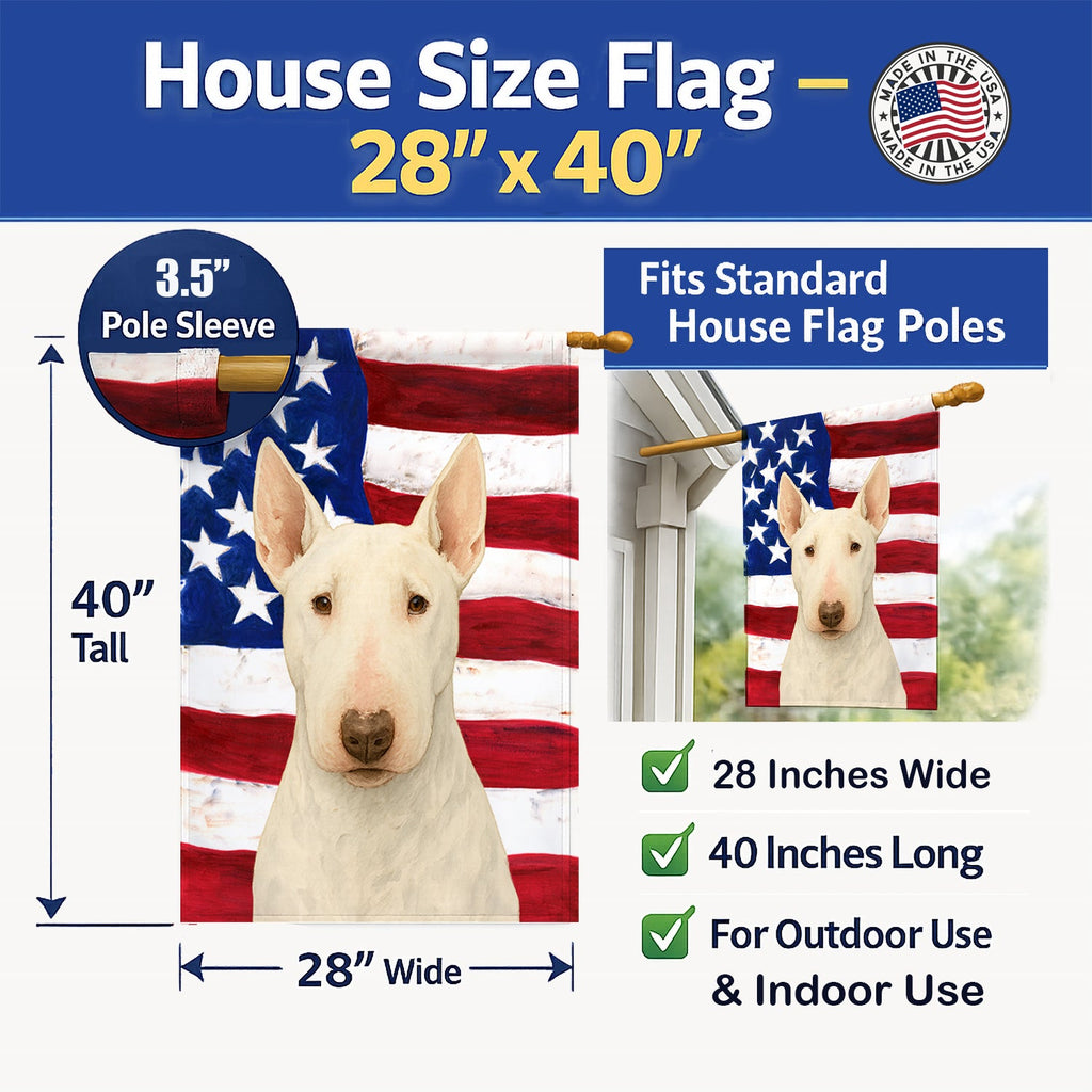 White Bull Terrier American Flag House Flag 28x40 Porch Sleeve Pole Decorative Outside Yard Banner Artwork Wall Hanging, Polyester