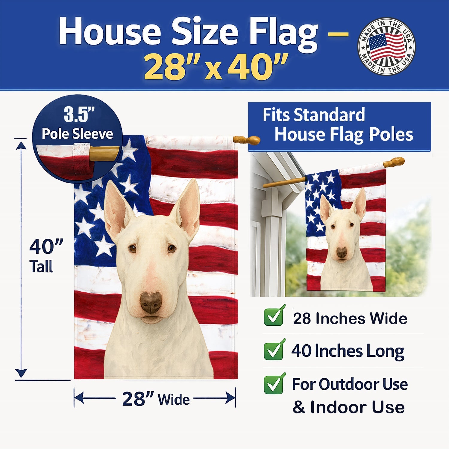 White Bull Terrier American Flag House Flag 28x40 Porch Sleeve Pole Decorative Outside Yard Banner Artwork Wall Hanging, Polyester