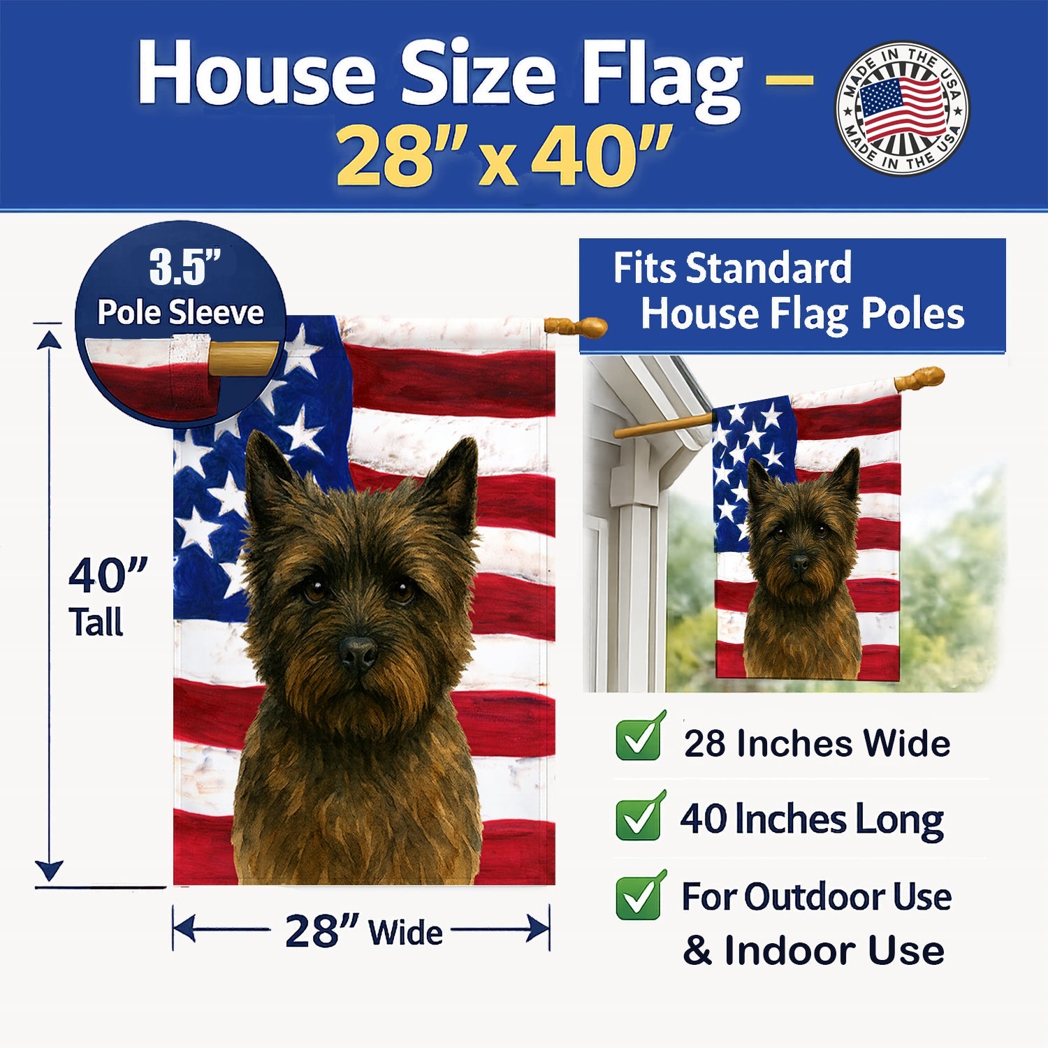 Brindle Cairn Terrier American Flag House Flag 28x40 Porch Sleeve Pole Decorative Outside Yard Banner Artwork Wall Hanging, Polyester