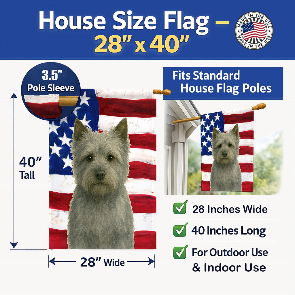 Gray Cairn Terrier American Flag House Flag 28x40 Porch Sleeve Pole Decorative Outside Yard Banner Artwork Wall Hanging, Polyester