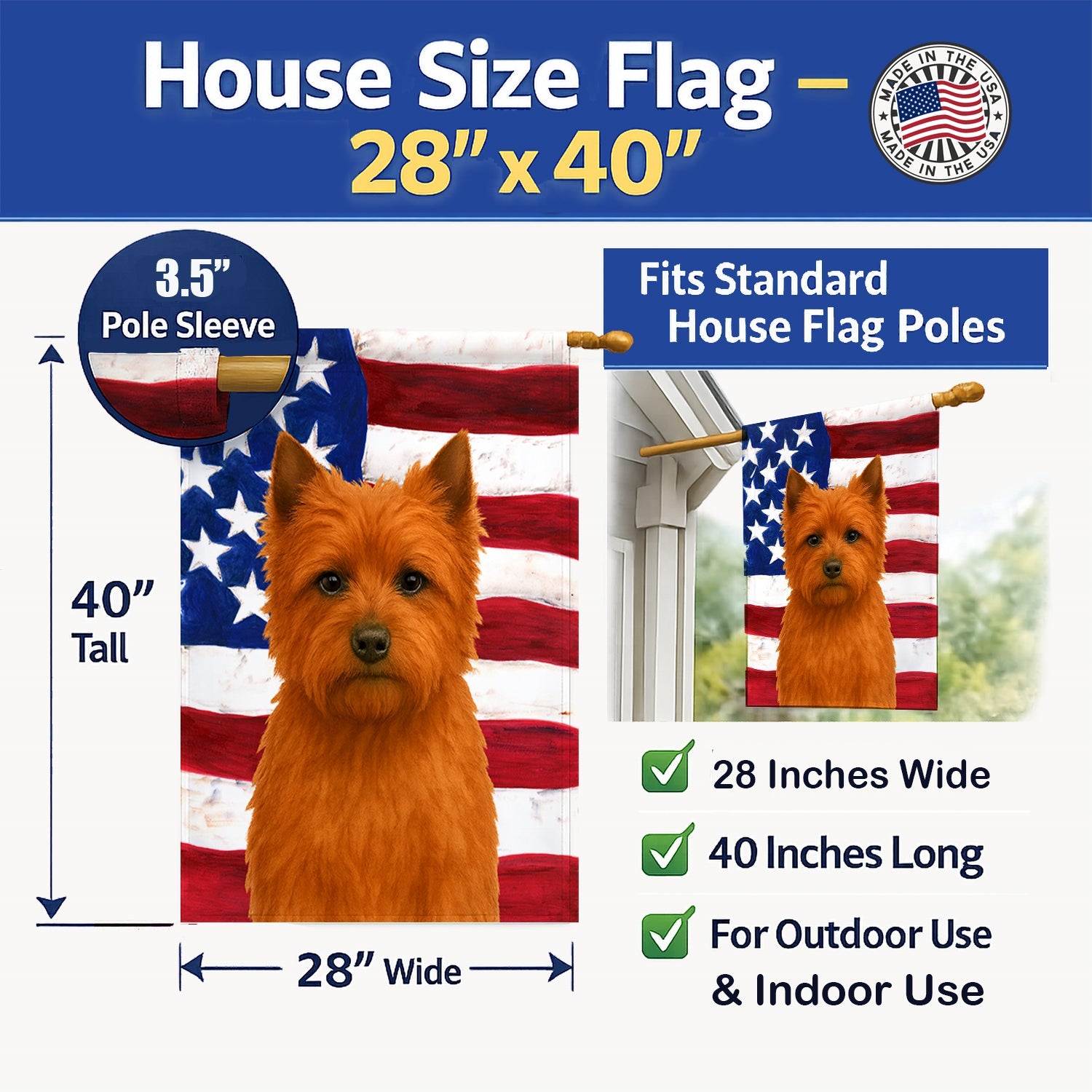 Red Cairn Terrier American Flag House Flag 28x40 Porch Sleeve Pole Decorative Outside Yard Banner Artwork Wall Hanging, Polyester