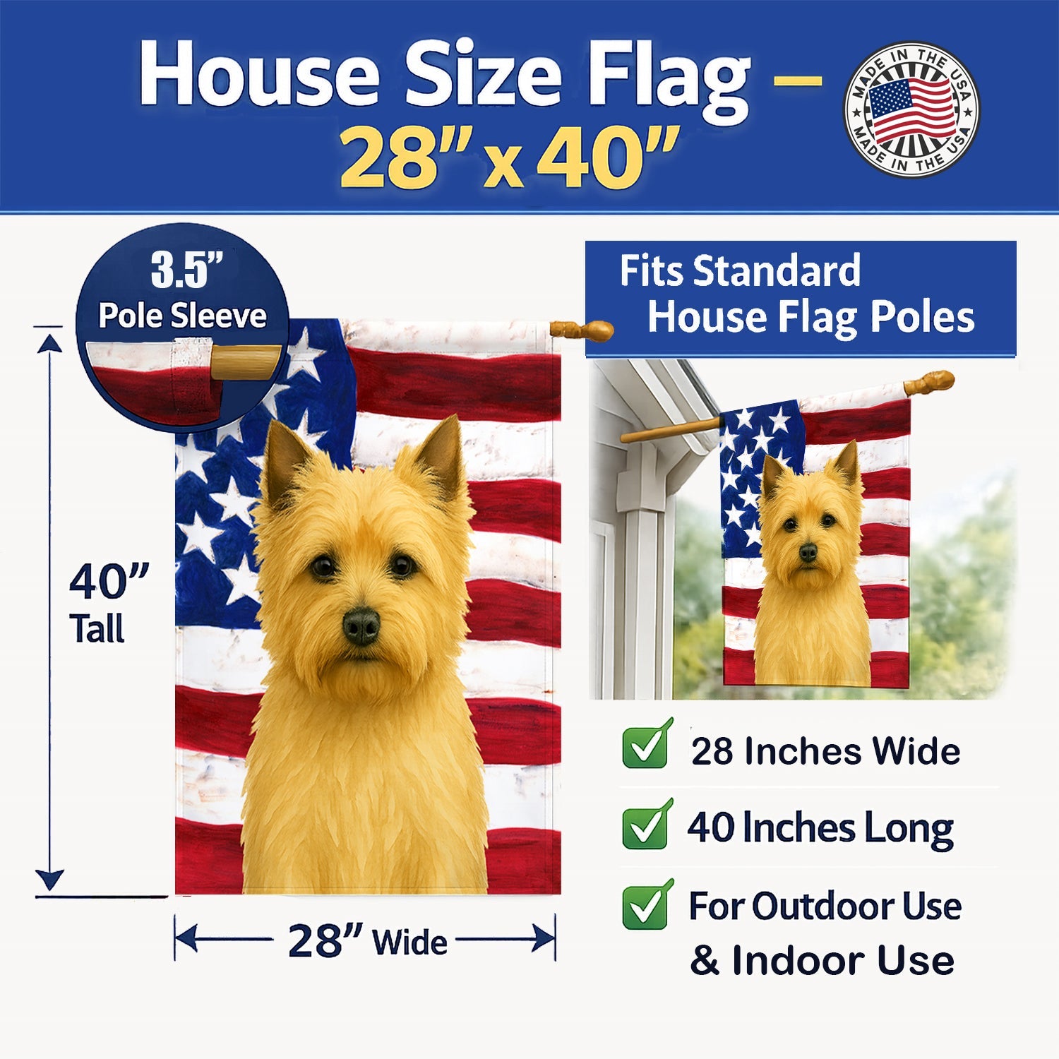 Wheaten Cairn Terrier American Flag House Flag 28x40 Porch Sleeve Pole Decorative Outside Yard Banner Artwork Wall Hanging, Polyester