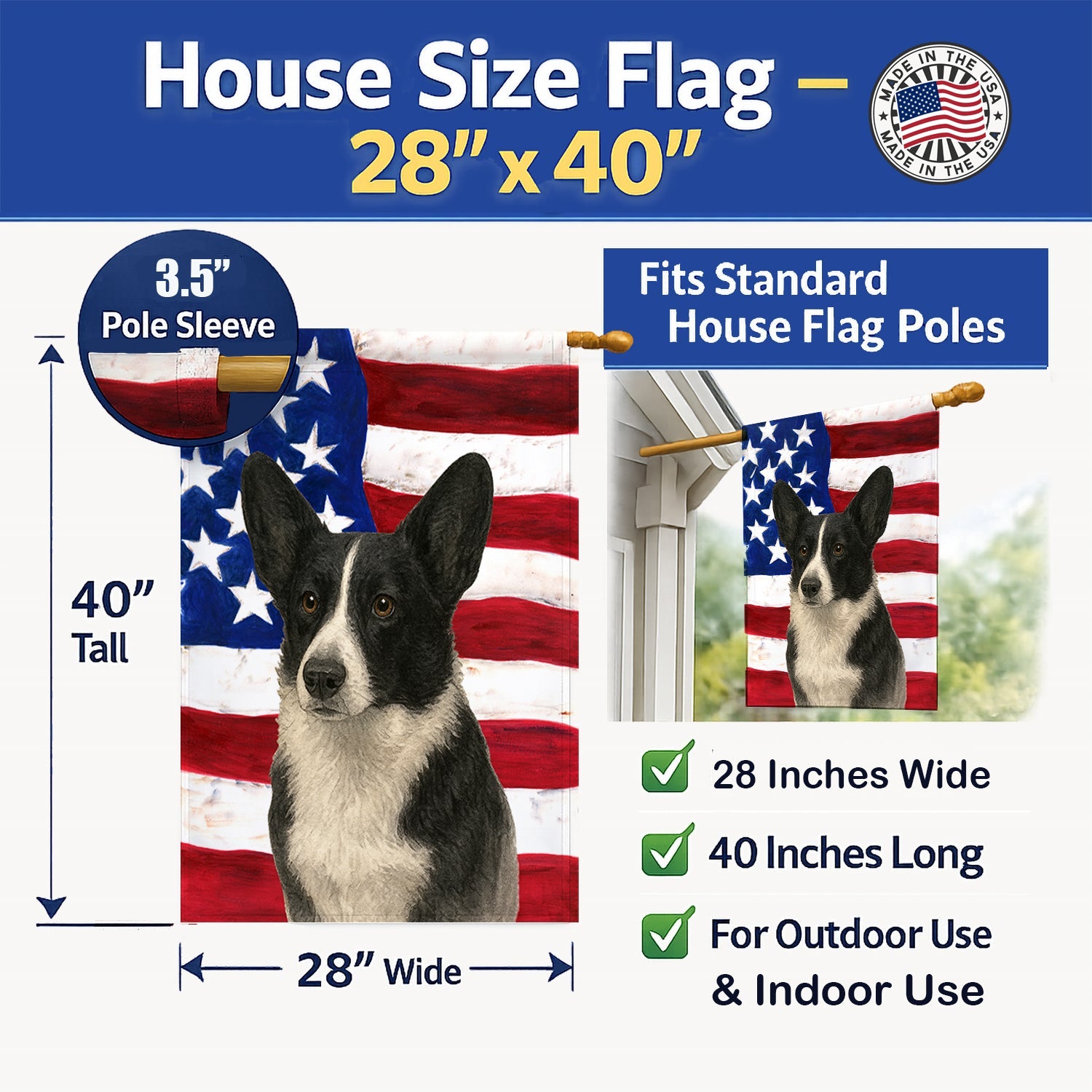 Black and White Cardigan Welsh Corgi American Flag House Flag 28x40 Porch Sleeve Pole Decorative Outside Yard Banner Artwork Wall Hanging, Polyester