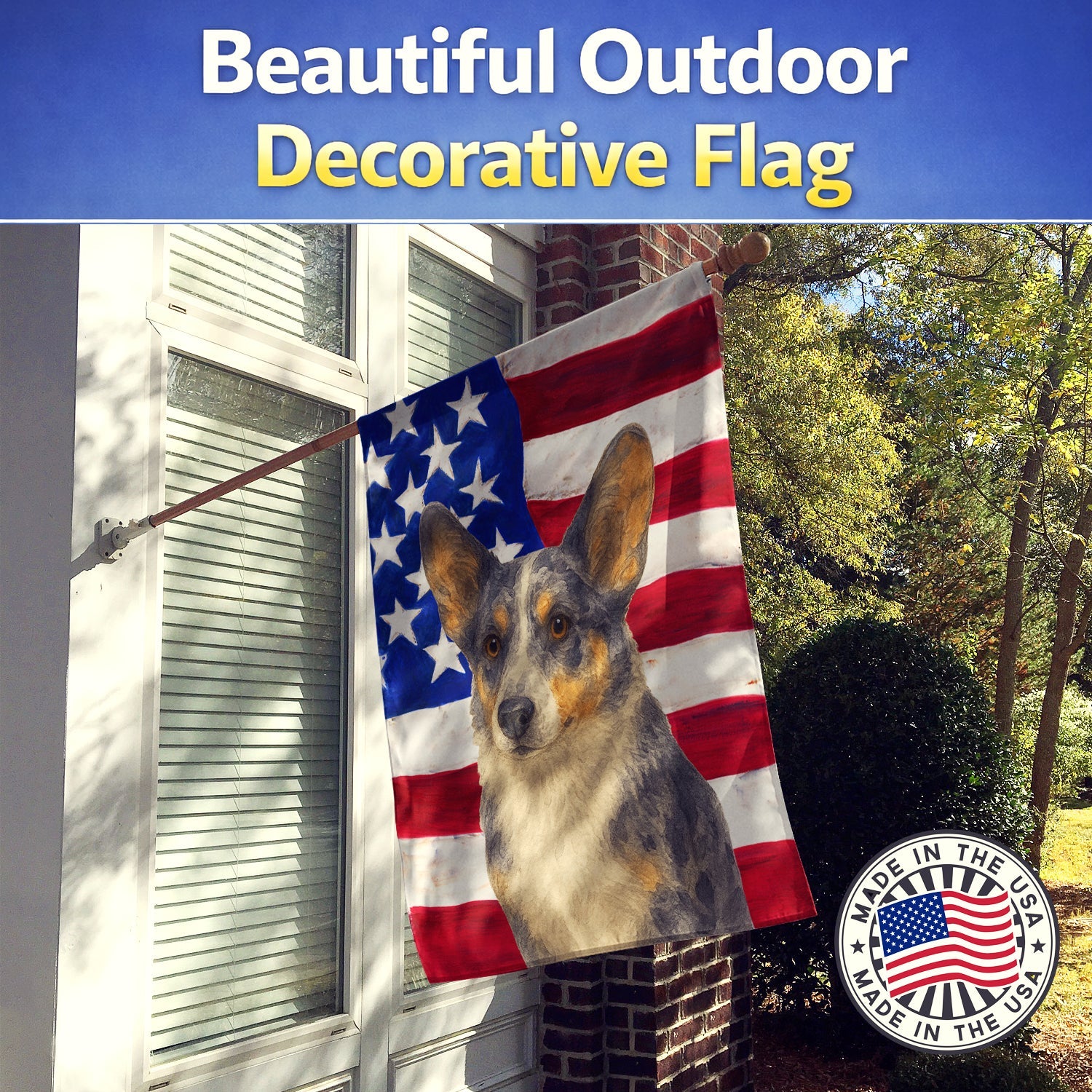 Blue Merle Cardigan Welsh Corgi American Flag House Flag 28x40 Porch Sleeve Pole Decorative Outside Yard Banner Artwork Wall Hanging, Polyester