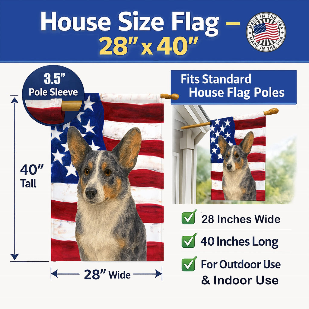 Blue Merle Cardigan Welsh Corgi American Flag House Flag 28x40 Porch Sleeve Pole Decorative Outside Yard Banner Artwork Wall Hanging, Polyester