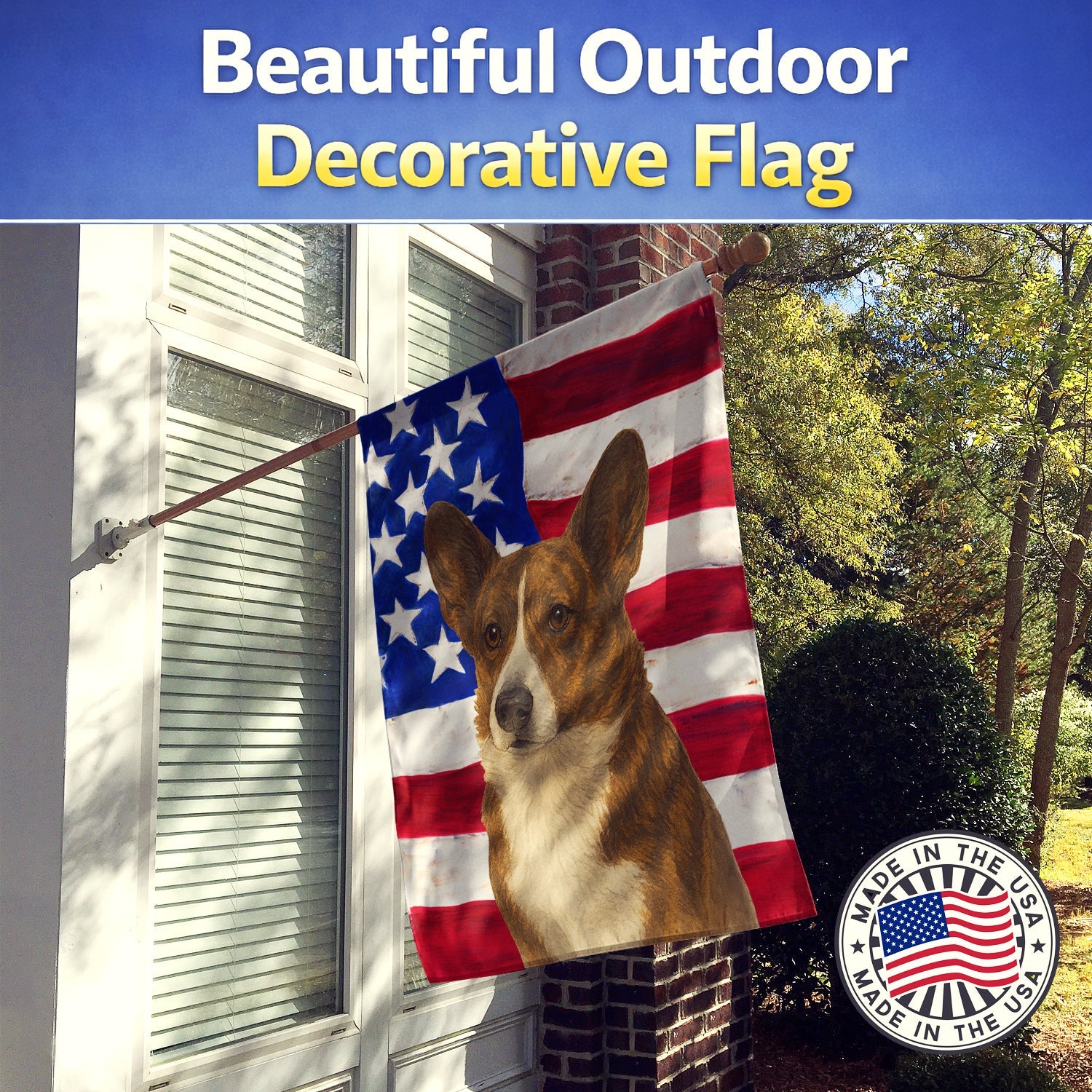 Brindle Cardigan Welsh Corgi American Flag House Flag 28x40 Porch Sleeve Pole Decorative Outside Yard Banner Artwork Wall Hanging, Polyester