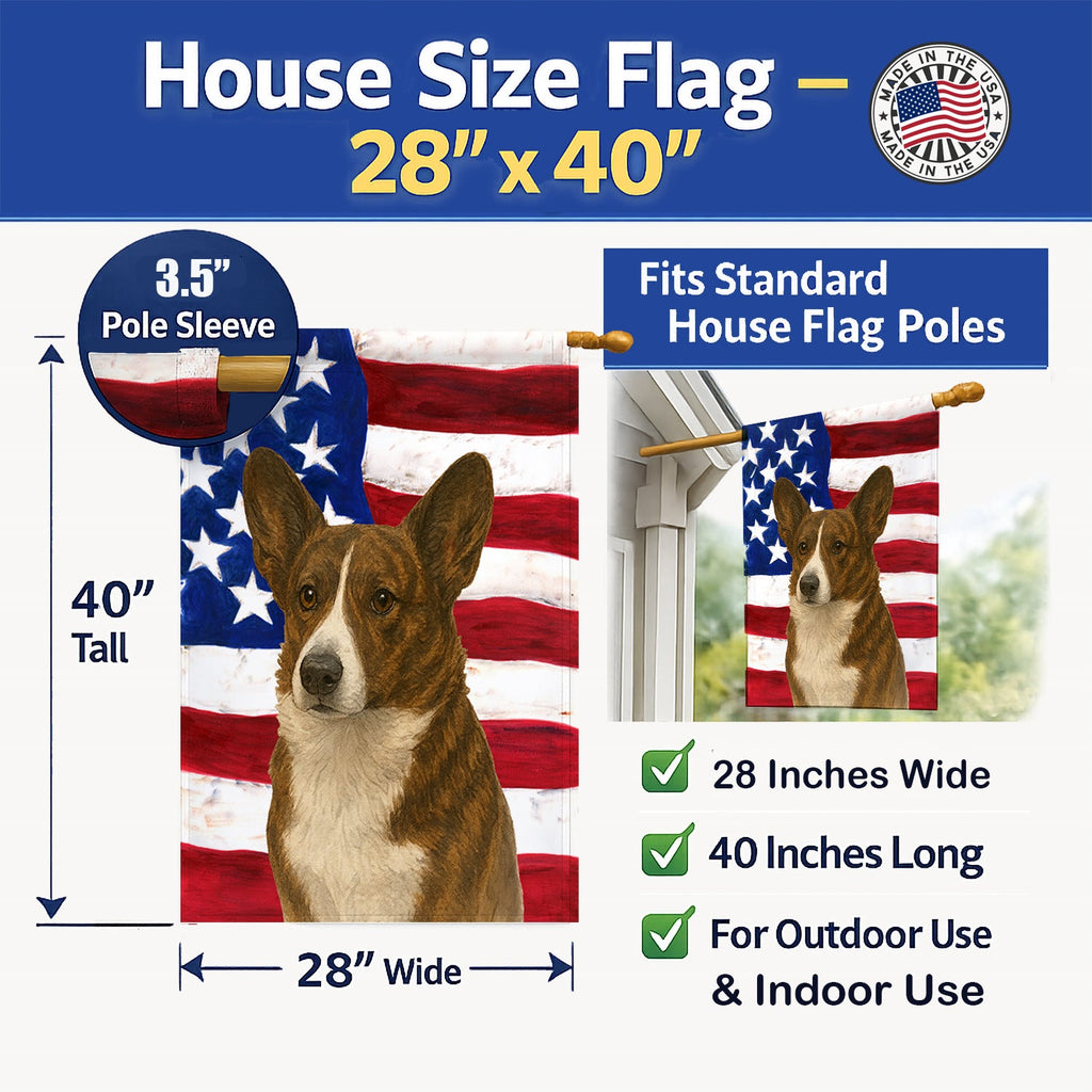 Brindle Cardigan Welsh Corgi American Flag House Flag 28x40 Porch Sleeve Pole Decorative Outside Yard Banner Artwork Wall Hanging, Polyester