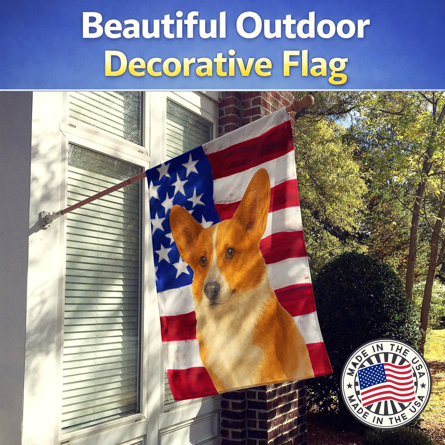 Red Cardigan Welsh Corgi American Flag House Flag 28x40 Porch Sleeve Pole Decorative Outside Yard Banner Artwork Wall Hanging, Polyester