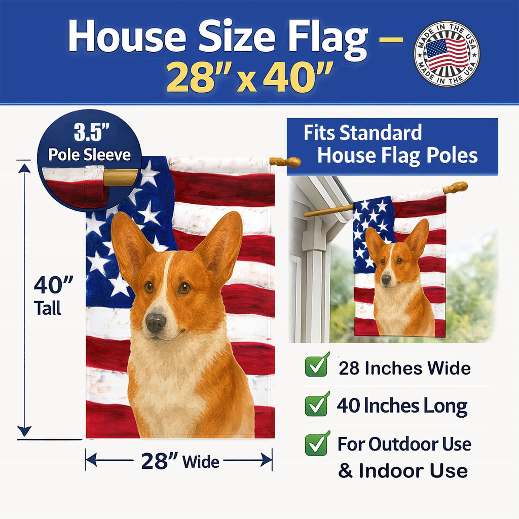 Red Cardigan Welsh Corgi American Flag House Flag 28x40 Porch Sleeve Pole Decorative Outside Yard Banner Artwork Wall Hanging, Polyester