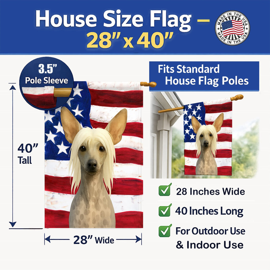 Hairless Chinese Crested American Flag House Flag 28x40 Porch Sleeve Pole Decorative Outside Yard Banner Artwork Wall Hanging, Polyester