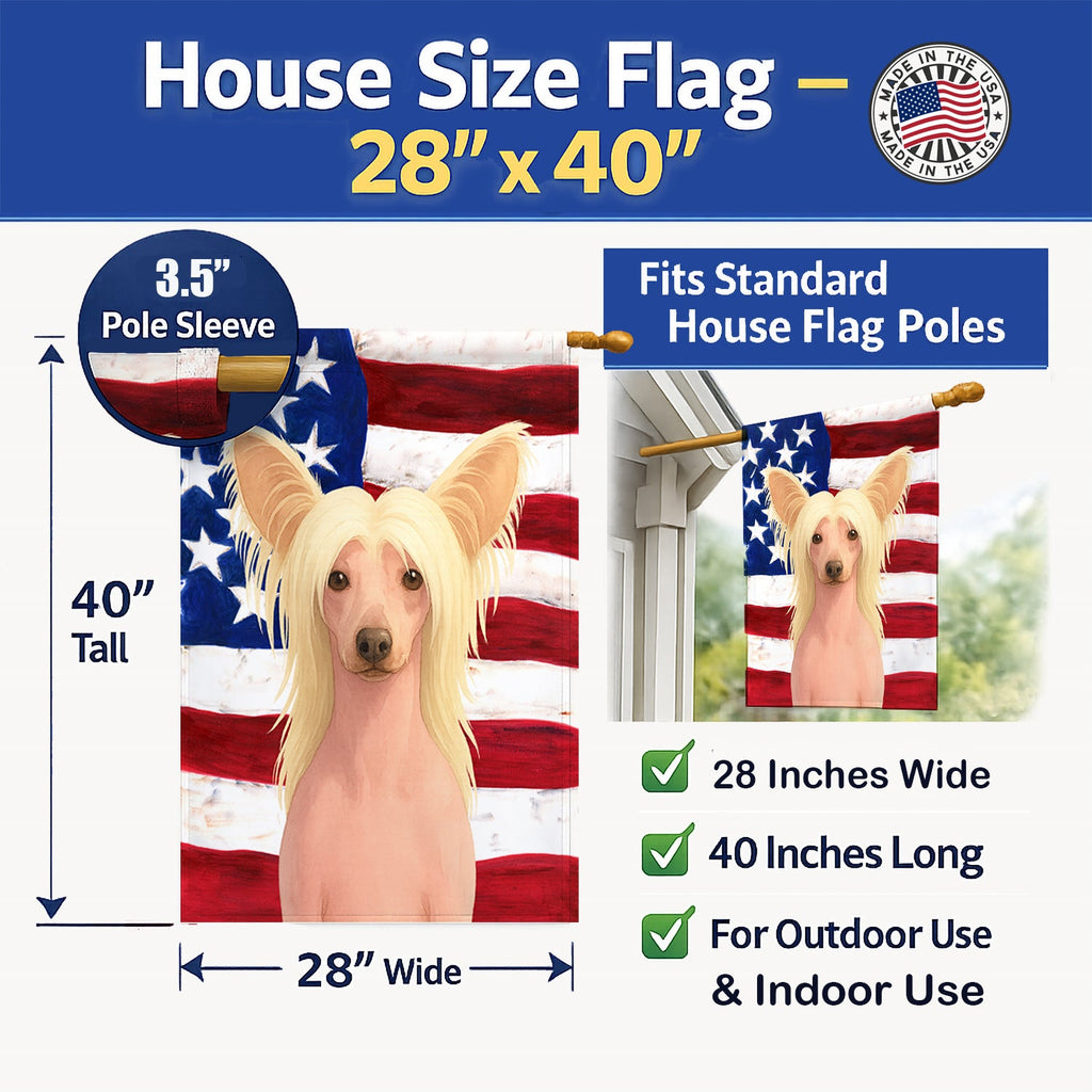 Hairless Palomino Chinese Crested American Flag House Flag 28x40 Porch Sleeve Pole Decorative Outside Yard Banner Artwork Wall Hanging, Polyester