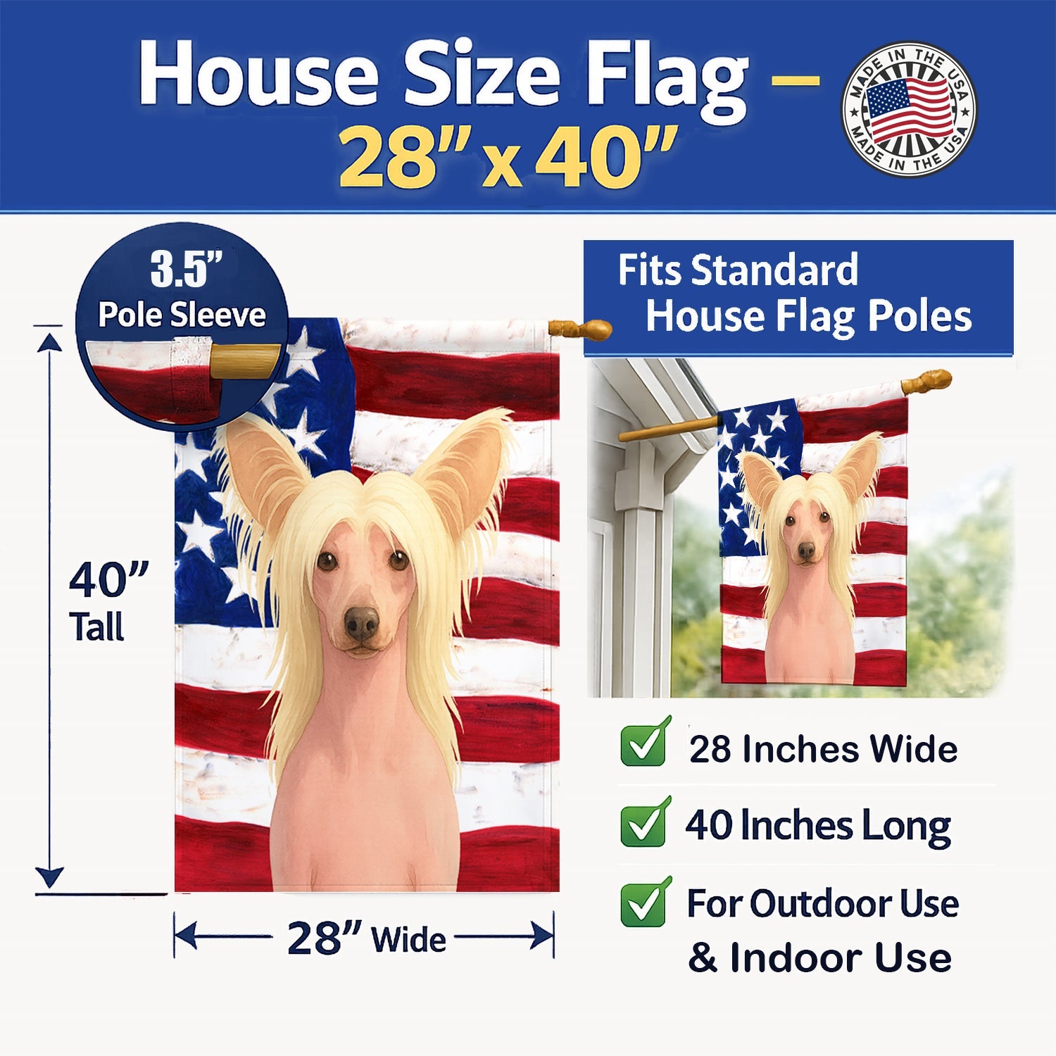 Hairless Palomino Chinese Crested American Flag House Flag 28x40 Porch Sleeve Pole Decorative Outside Yard Banner Artwork Wall Hanging, Polyester