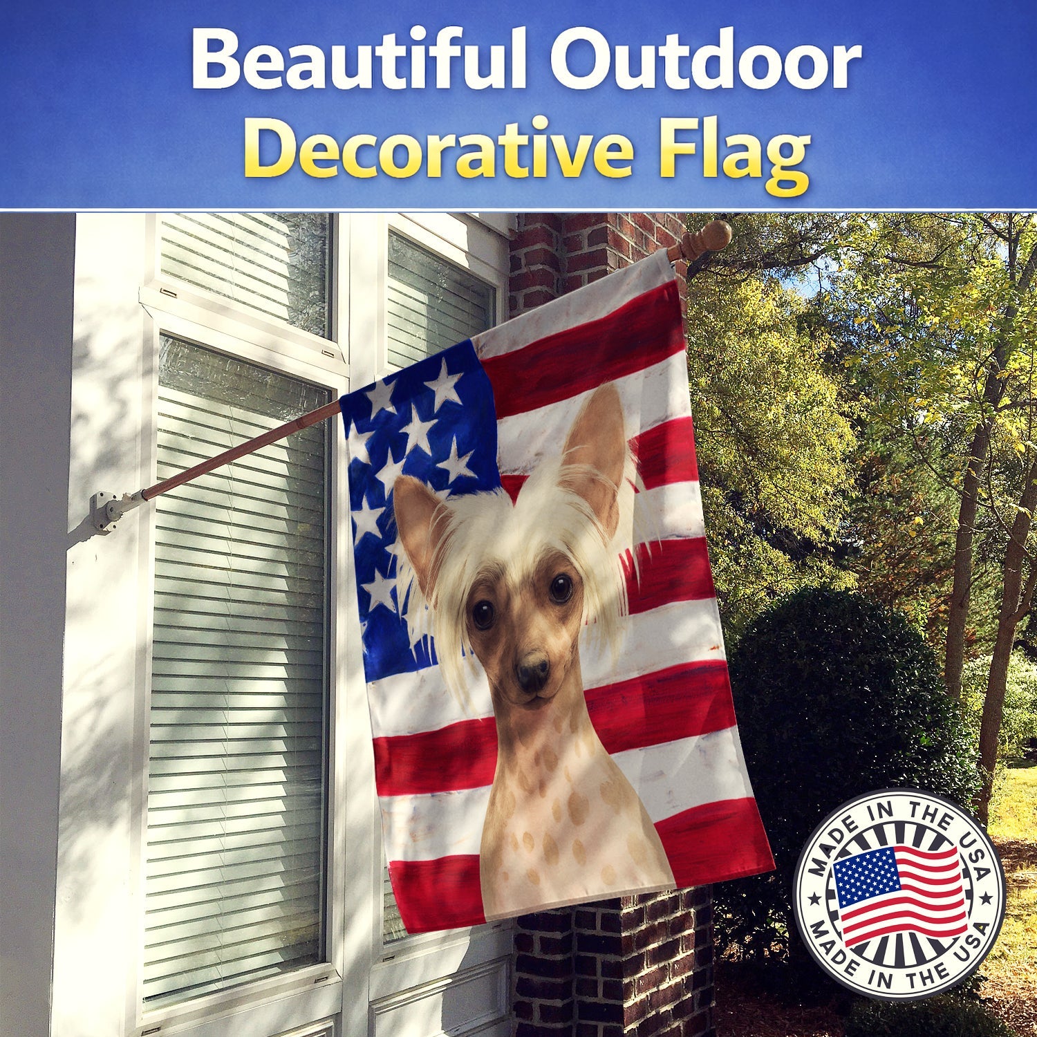 Hairless Pink and Chocolate Chinese Crested American Flag House Flag 28x40 Porch Sleeve Pole Decorative Outside Yard Banner Artwork Wall Hanging, Polyester