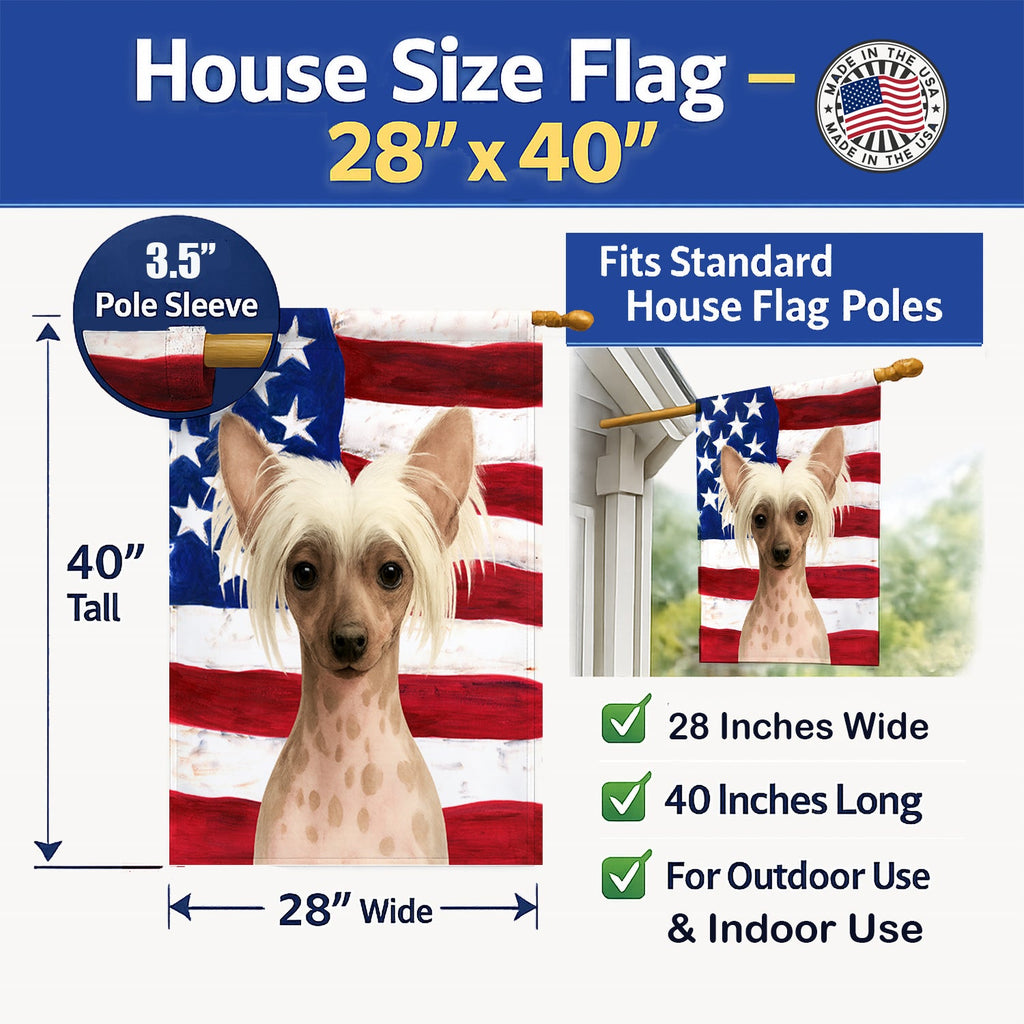Hairless Pink and Chocolate Chinese Crested American Flag House Flag 28x40 Porch Sleeve Pole Decorative Outside Yard Banner Artwork Wall Hanging, Polyester