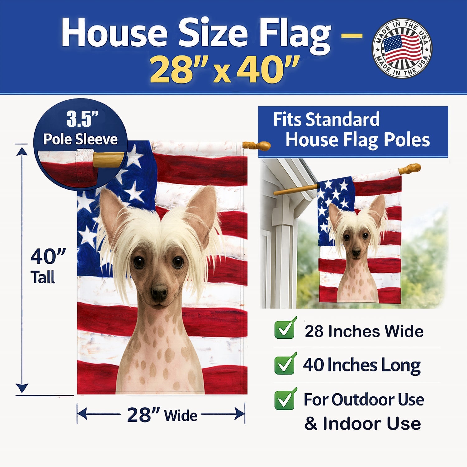 Hairless Pink and Chocolate Chinese Crested American Flag House Flag 28x40 Porch Sleeve Pole Decorative Outside Yard Banner Artwork Wall Hanging, Polyester