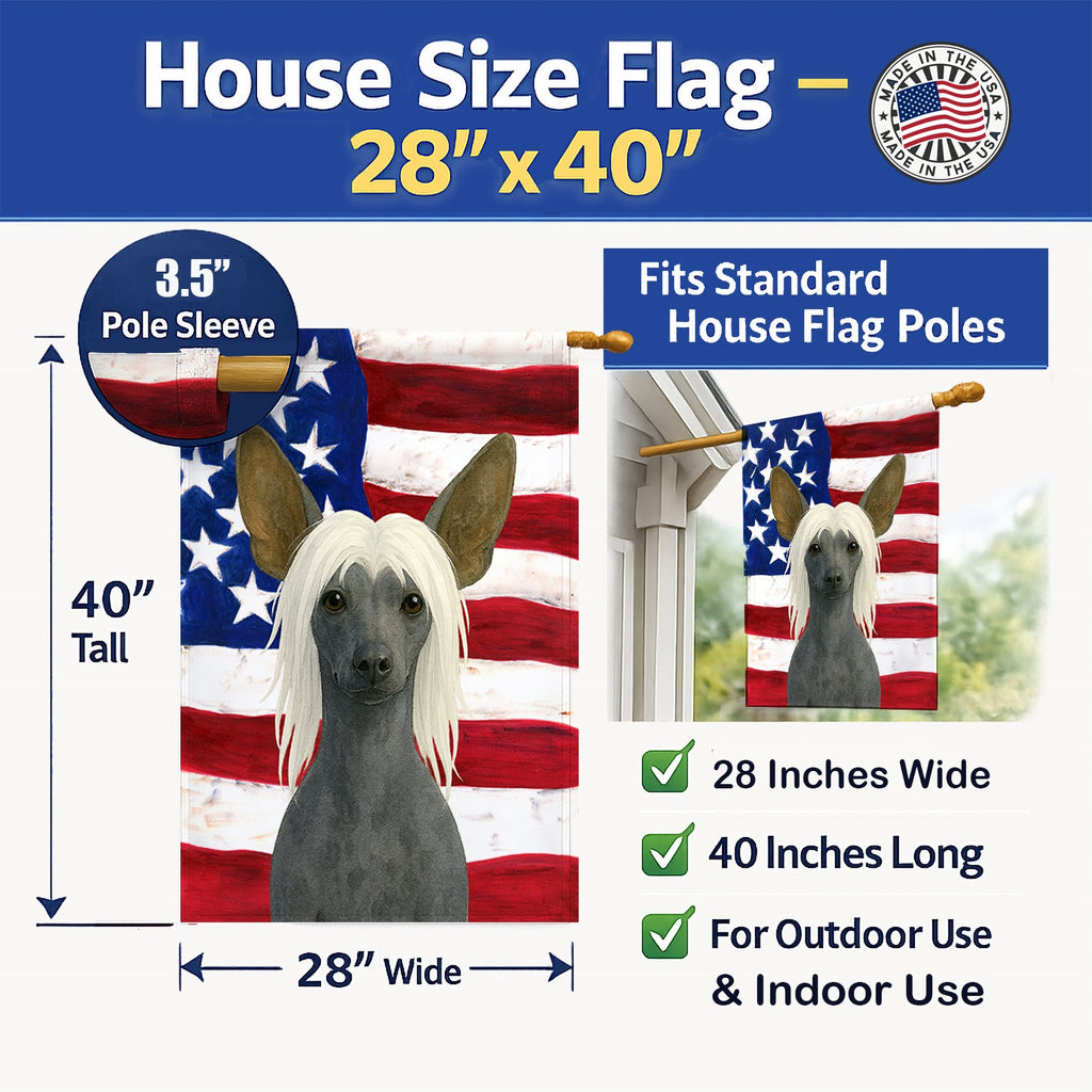 Hairless Slate Gray Chinese Crested American Flag House Flag 28x40 Porch Sleeve Pole Decorative Outside Yard Banner Artwork Wall Hanging, Polyester