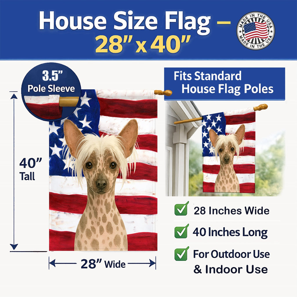 Hairless Mottled Pattern Chinese Crested American Flag House Flag 28x40 Porch Sleeve Pole Decorative Outside Yard Banner Artwork Wall Hanging, Polyester