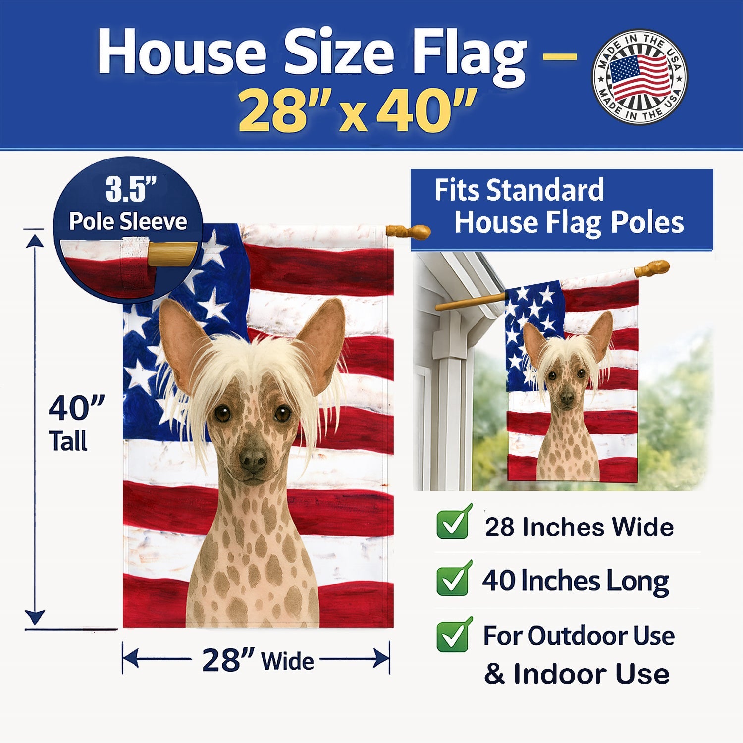 Hairless Mottled Pattern Chinese Crested American Flag House Flag 28x40 Porch Sleeve Pole Decorative Outside Yard Banner Artwork Wall Hanging, Polyester