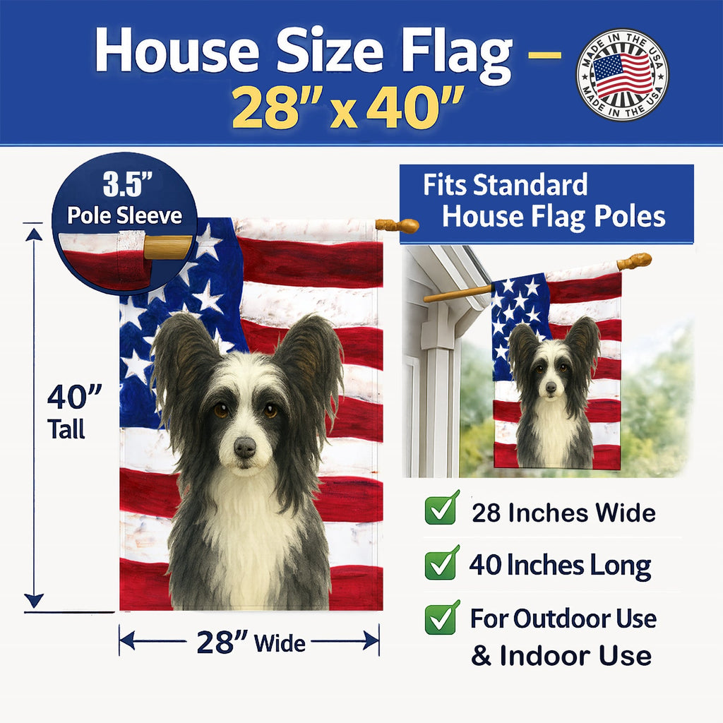 Black and White Powderpuff Chinese Crested American Flag House Flag 28x40 Porch Sleeve Pole Decorative Outside Yard Banner Artwork Wall Hanging, Polyester