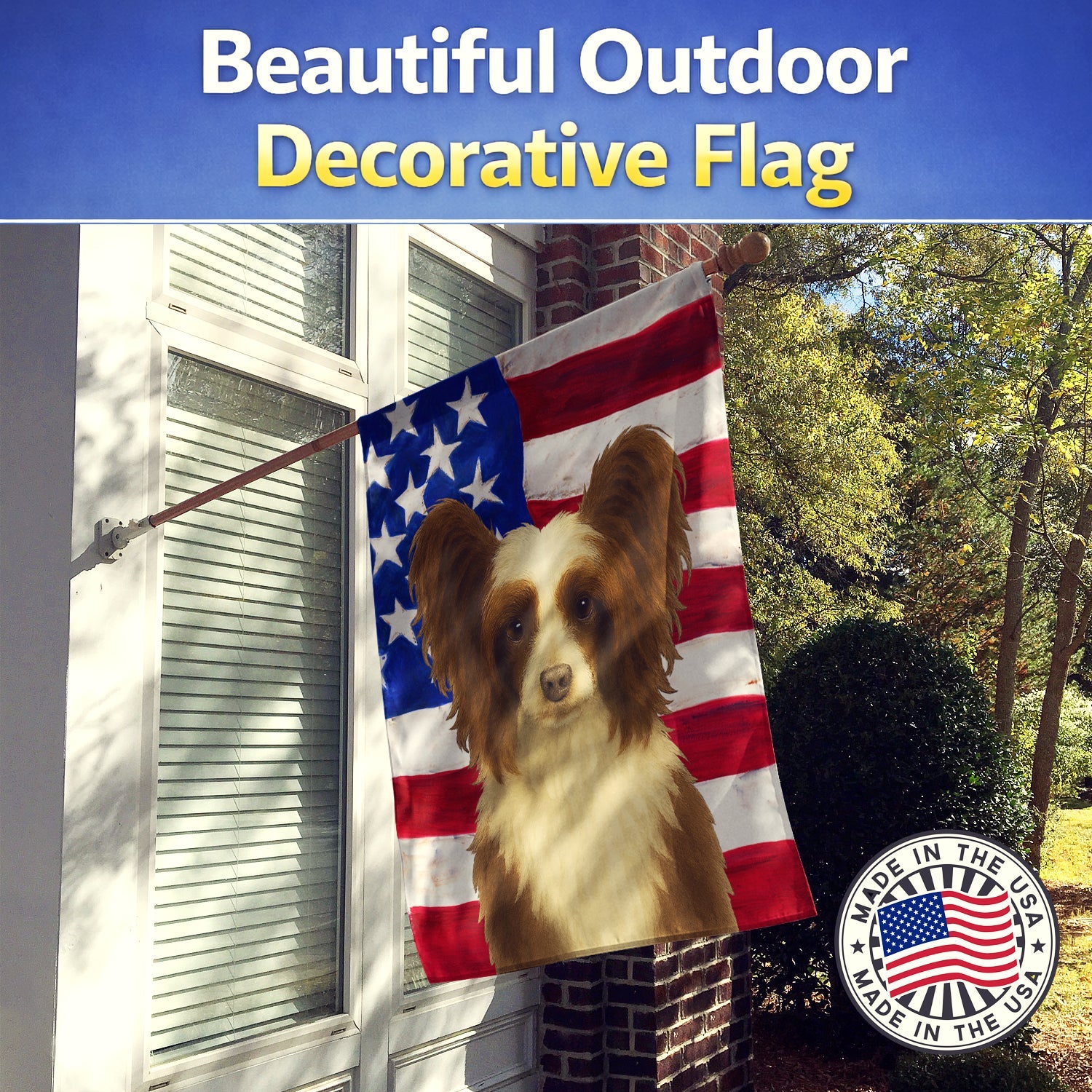 Chocolate and White Powderpuff Chinese Crested American Flag House Flag 28x40 Porch Sleeve Pole Decorative Outside Yard Banner Artwork Wall Hanging, Polyester