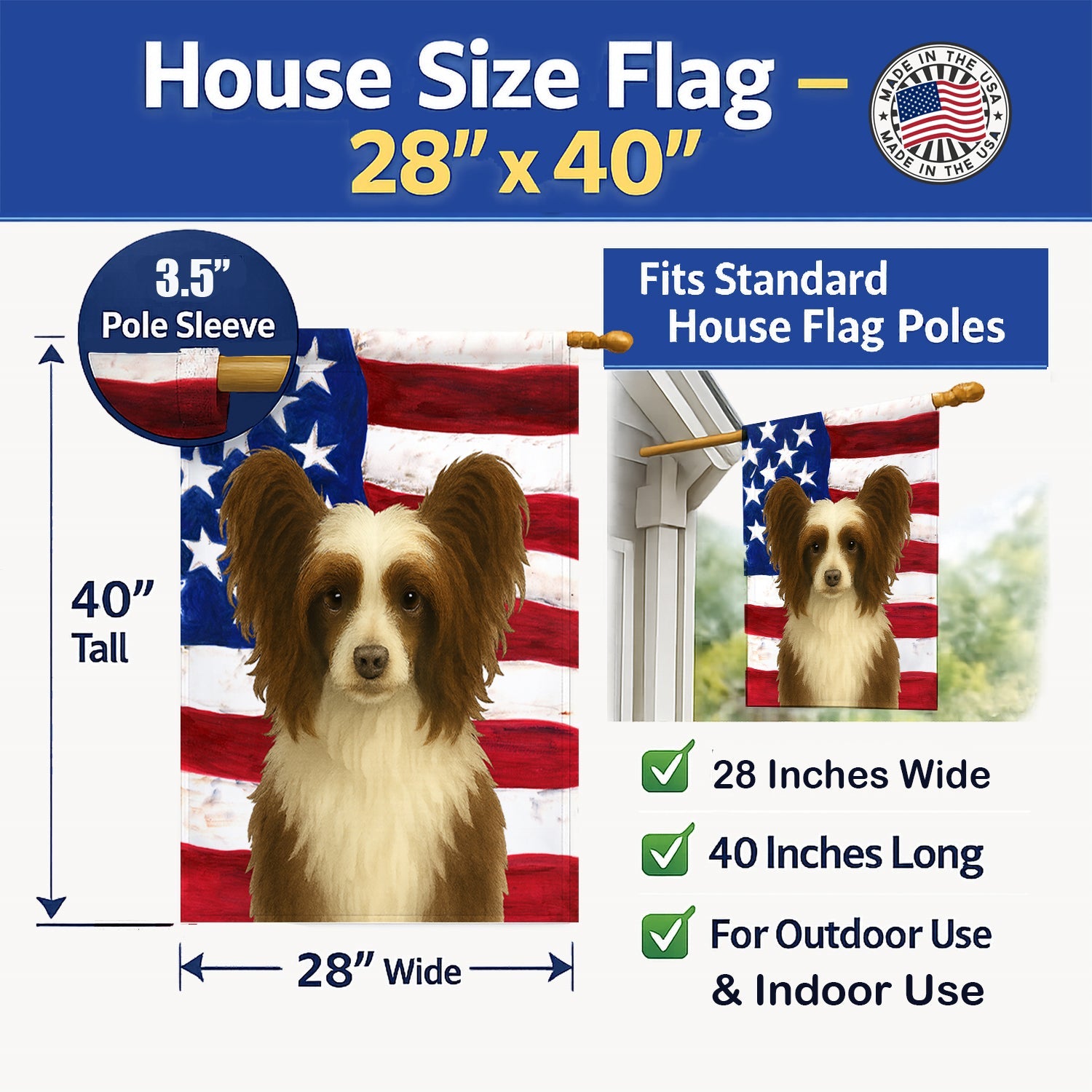 Chocolate and White Powderpuff Chinese Crested American Flag House Flag 28x40 Porch Sleeve Pole Decorative Outside Yard Banner Artwork Wall Hanging, Polyester