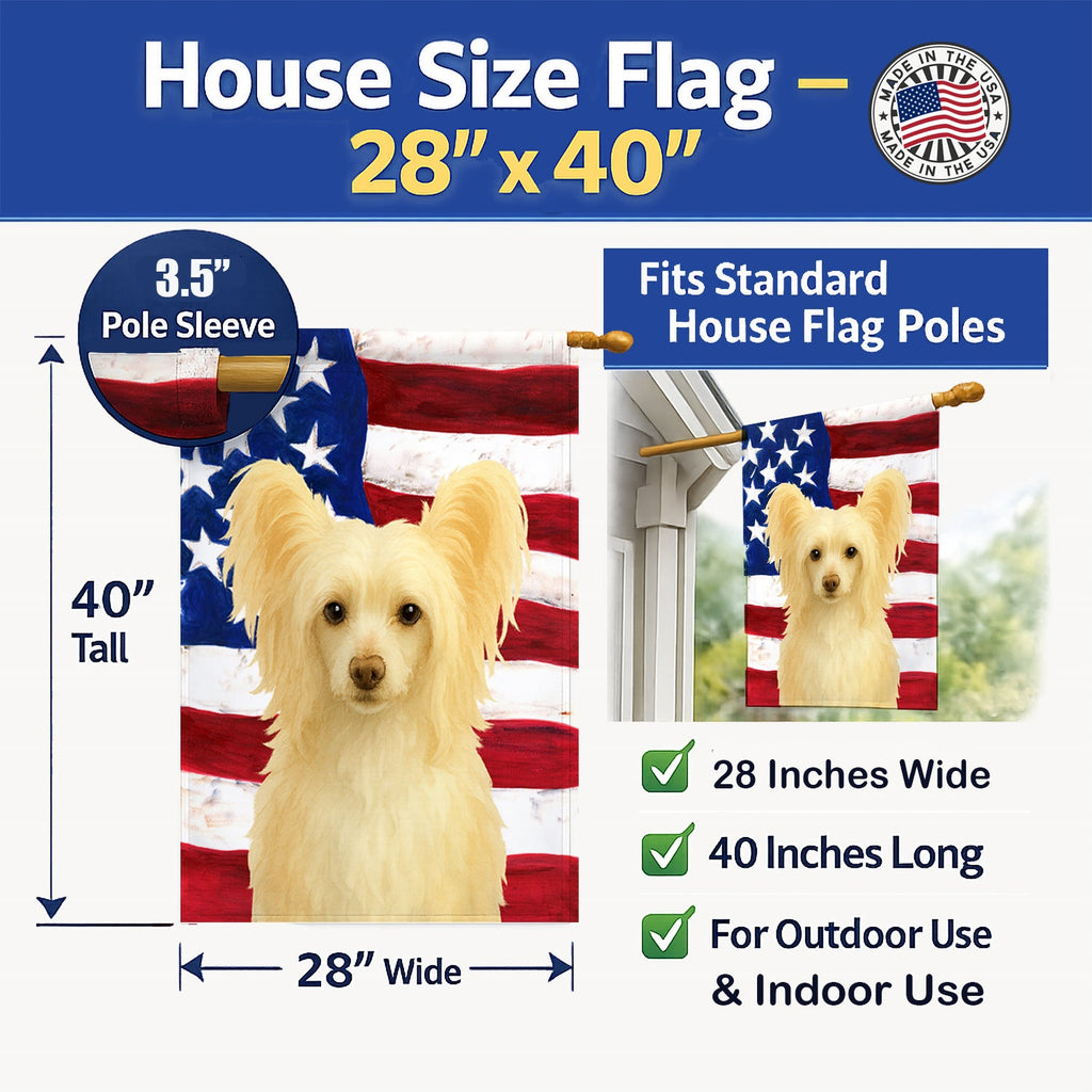 Cream and White Powderpuff Chinese Crested American Flag House Flag 28x40 Porch Sleeve Pole Decorative Outside Yard Banner Artwork Wall Hanging, Polyester