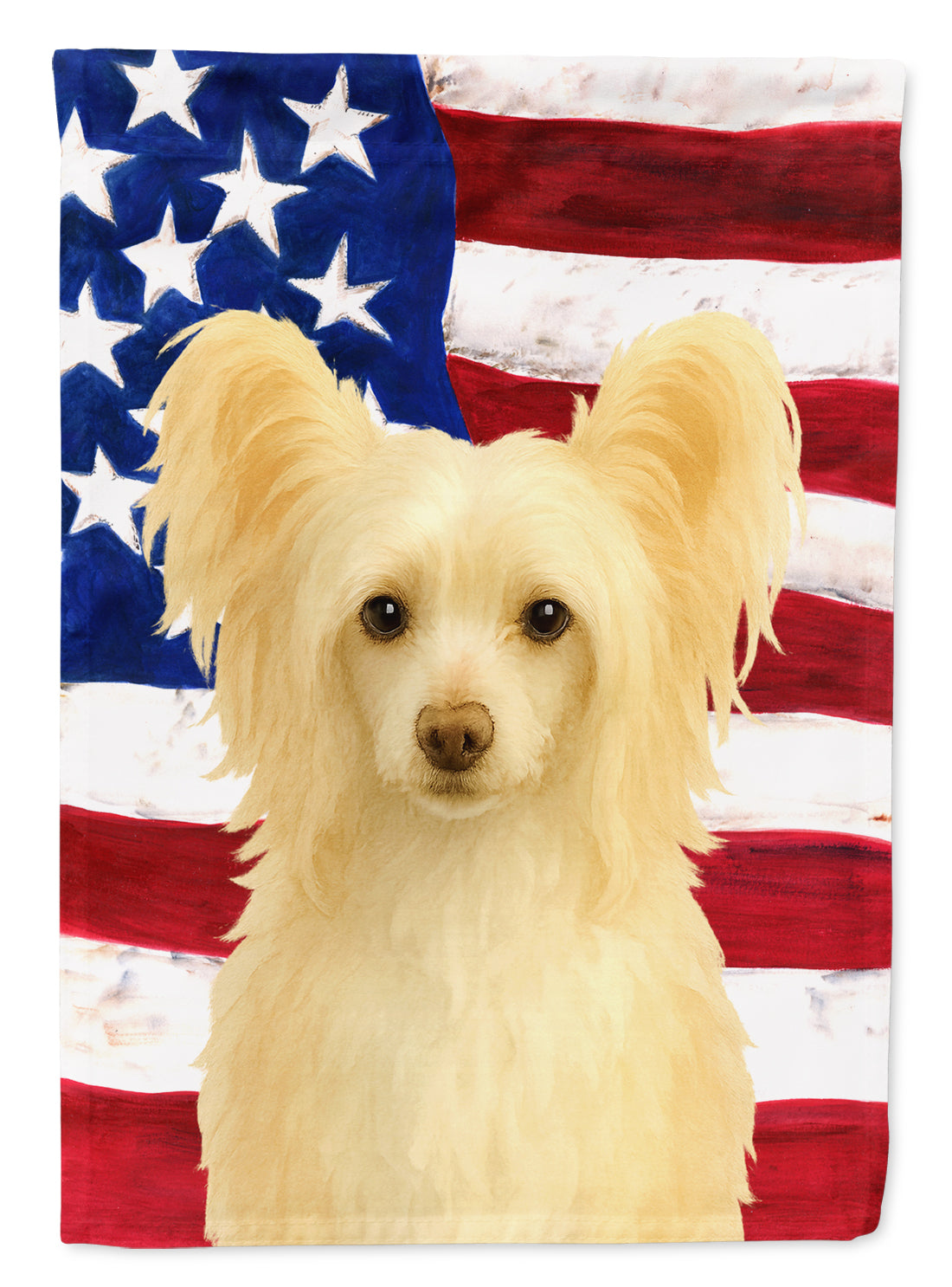 Cream and White Powderpuff Chinese Crested American Flag House Flag 28x40 Porch Sleeve Pole Decorative Outside Yard Banner Artwork Wall Hanging, Polyester