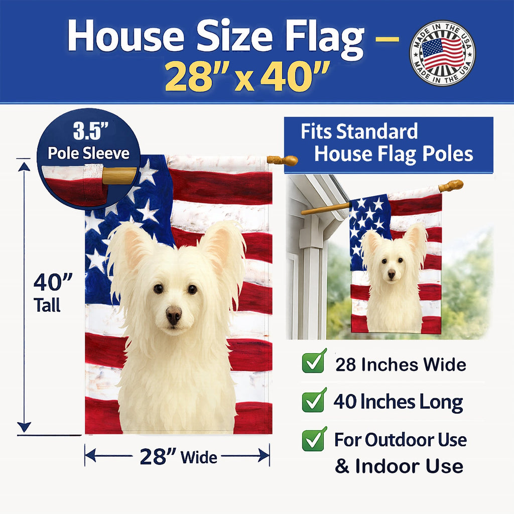 White Powderpuff Chinese Crested American Flag House Flag 28x40 Porch Sleeve Pole Decorative Outside Yard Banner Artwork Wall Hanging, Polyester