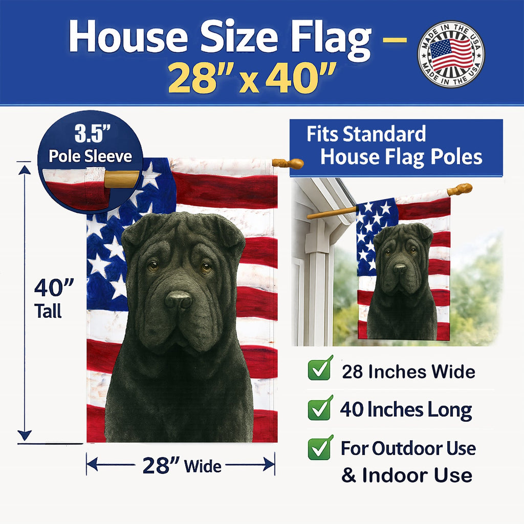 Black Shar Pei American Flag House Flag 28x40 Porch Sleeve Pole Decorative Outside Yard Banner Artwork Wall Hanging, Polyester