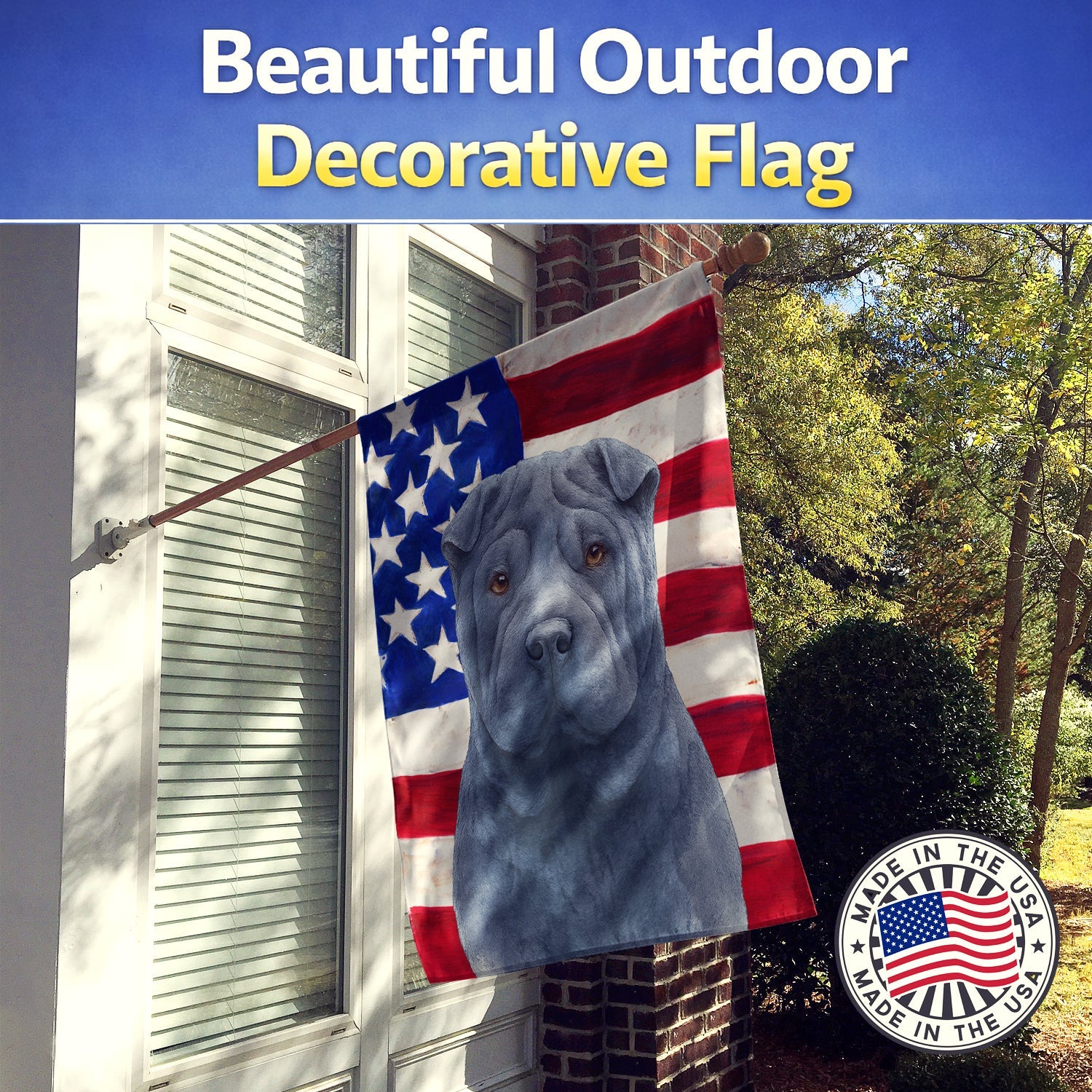 Blue Shar Pei American Flag House Flag 28x40 Porch Sleeve Pole Decorative Outside Yard Banner Artwork Wall Hanging, Polyester