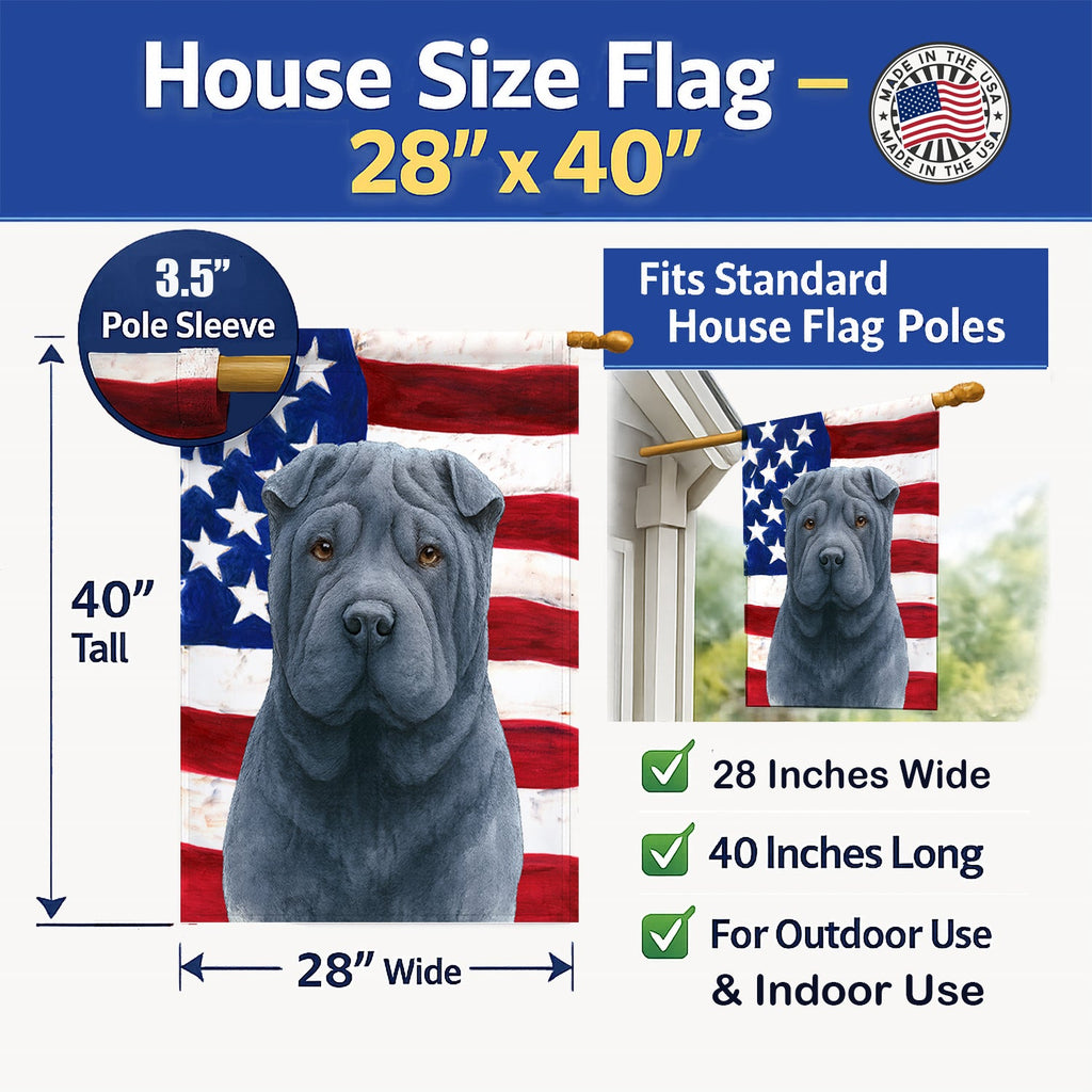 Blue Shar Pei American Flag House Flag 28x40 Porch Sleeve Pole Decorative Outside Yard Banner Artwork Wall Hanging, Polyester