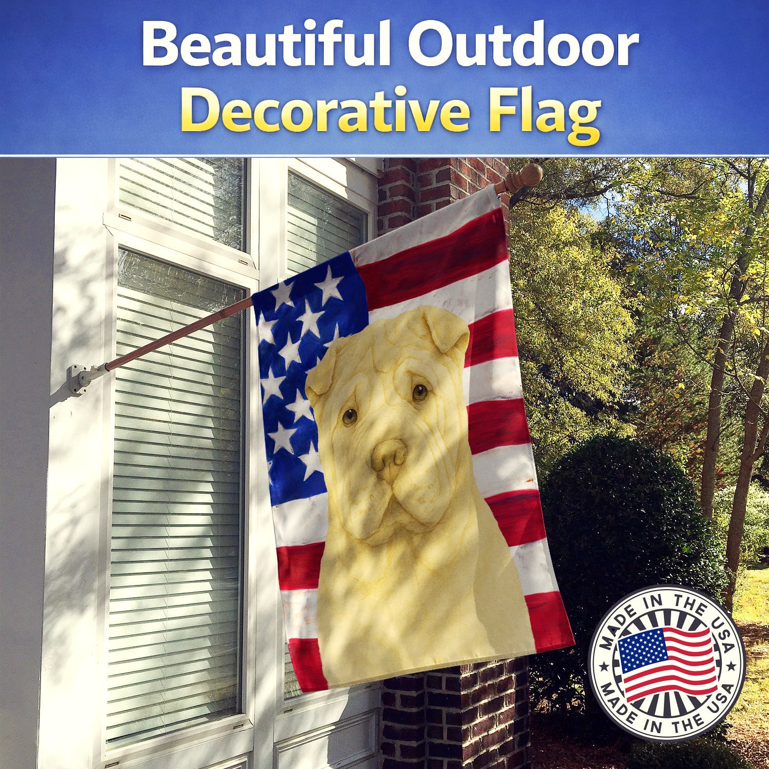 Cream Shar Pei American Flag House Flag 28x40 Porch Sleeve Pole Decorative Outside Yard Banner Artwork Wall Hanging, Polyester