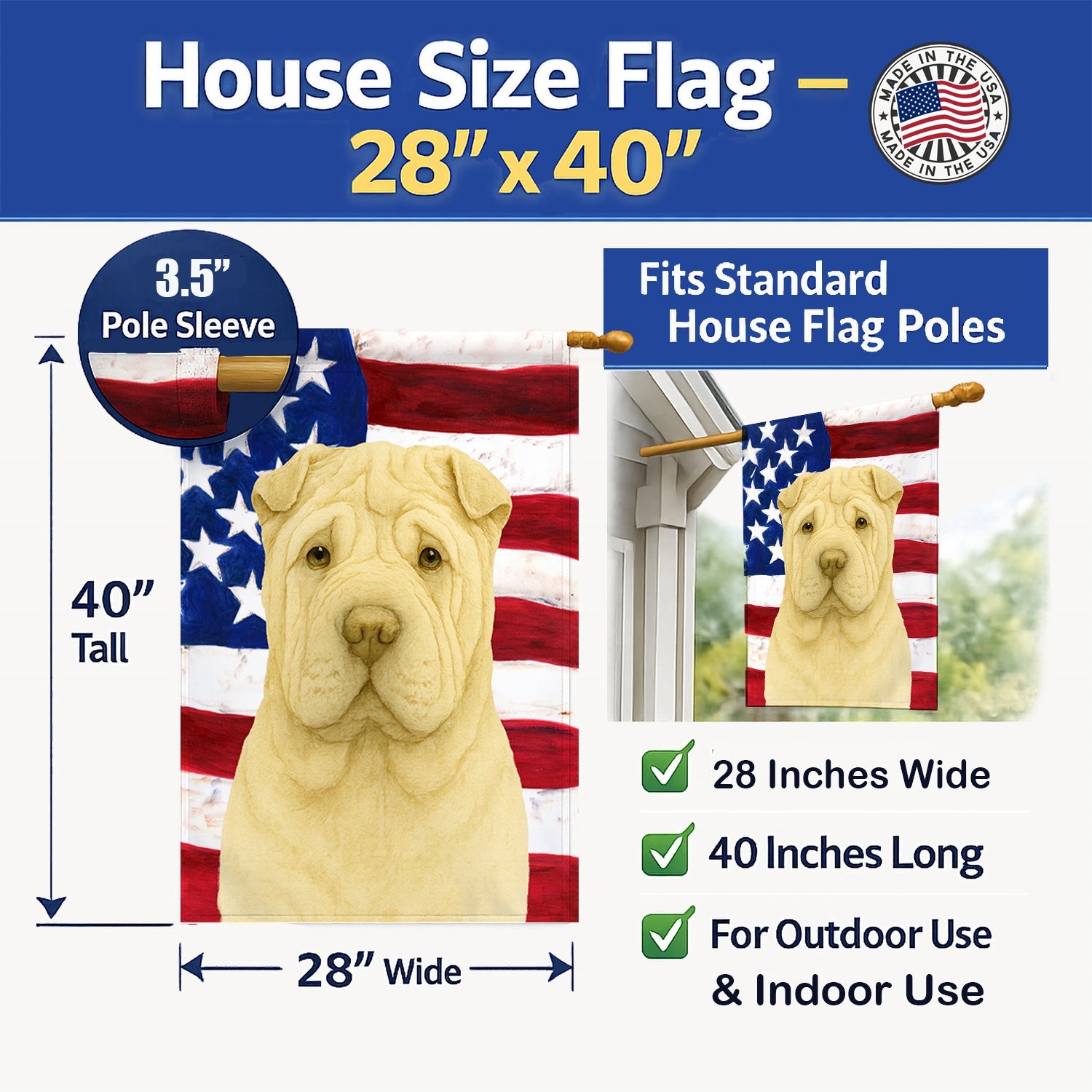 Cream Shar Pei American Flag House Flag 28x40 Porch Sleeve Pole Decorative Outside Yard Banner Artwork Wall Hanging, Polyester
