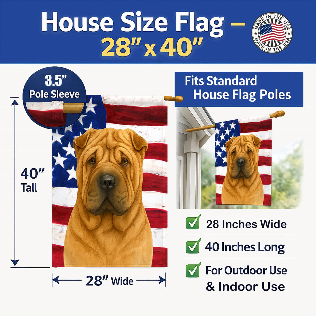 Fawn Shar Pei American Flag House Flag 28x40 Porch Sleeve Pole Decorative Outside Yard Banner Artwork Wall Hanging, Polyester