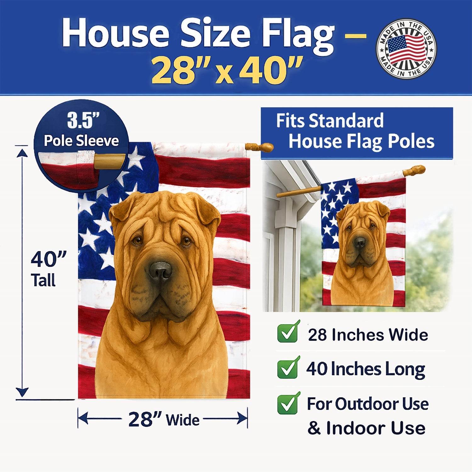 Fawn Shar Pei American Flag House Flag 28x40 Porch Sleeve Pole Decorative Outside Yard Banner Artwork Wall Hanging, Polyester