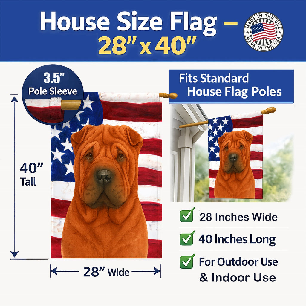Red Shar Pei American Flag House Flag 28x40 Porch Sleeve Pole Decorative Outside Yard Banner Artwork Wall Hanging, Polyester