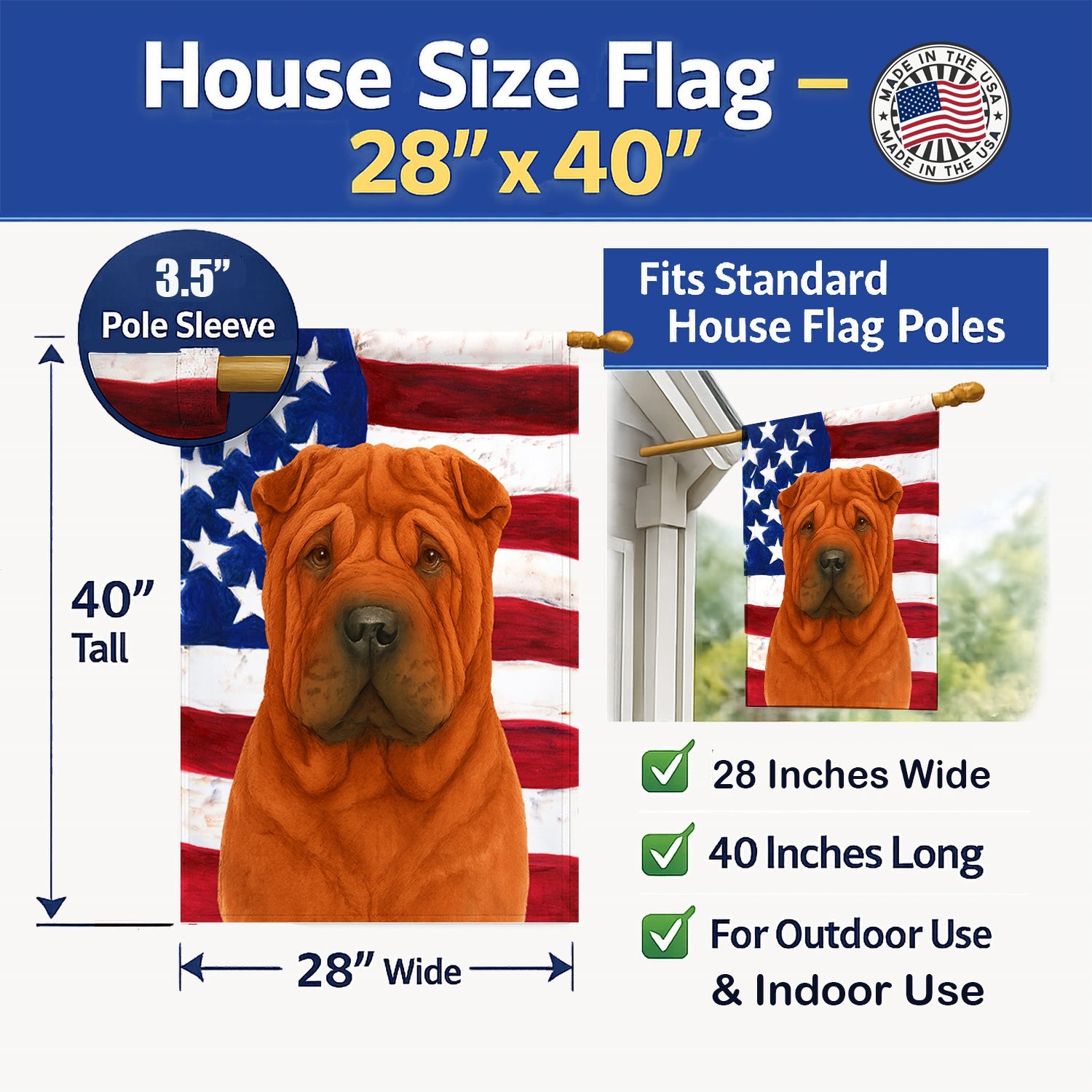 Red Shar Pei American Flag House Flag 28x40 Porch Sleeve Pole Decorative Outside Yard Banner Artwork Wall Hanging, Polyester