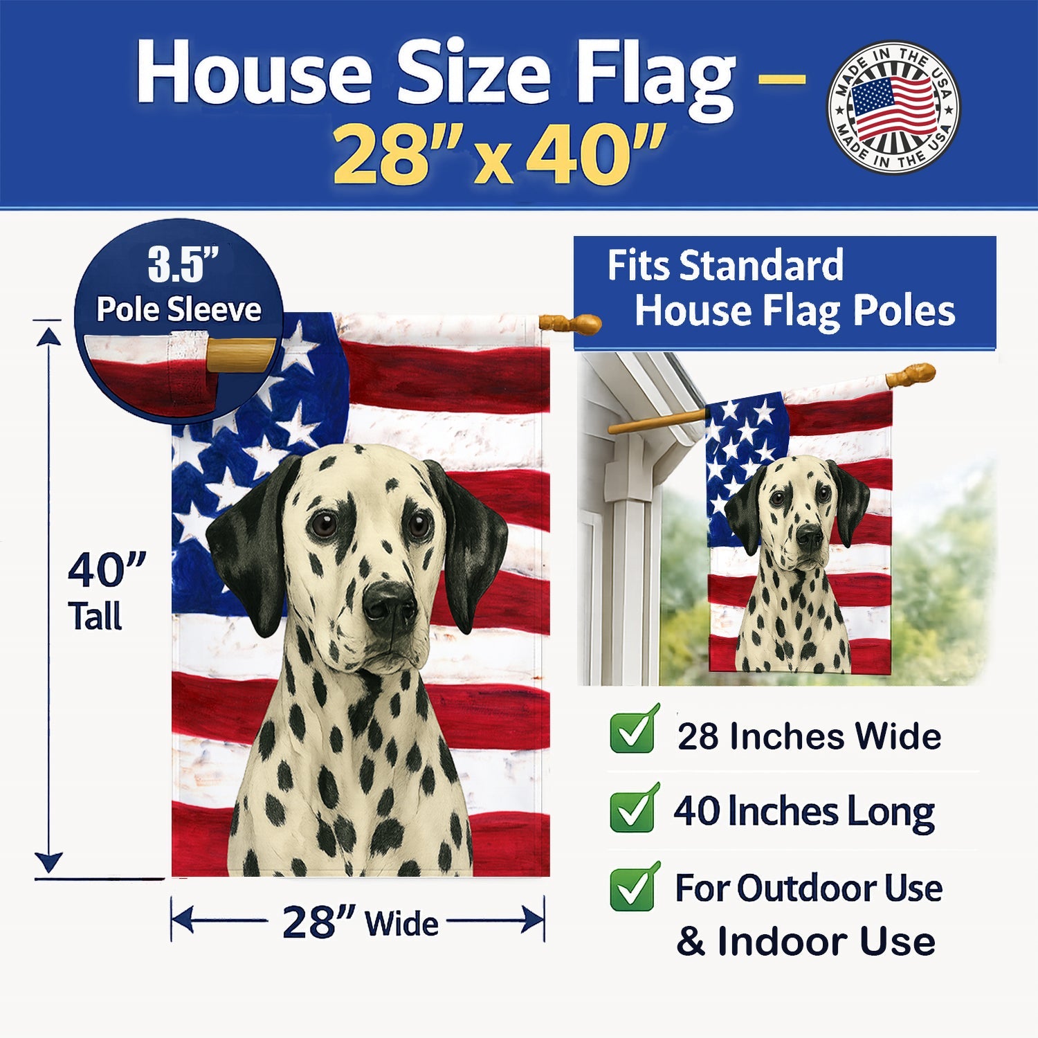 Dalmatian American Flag House Flag 28x40 Porch Sleeve Pole Decorative Outside Yard Banner Artwork Wall Hanging, Polyester