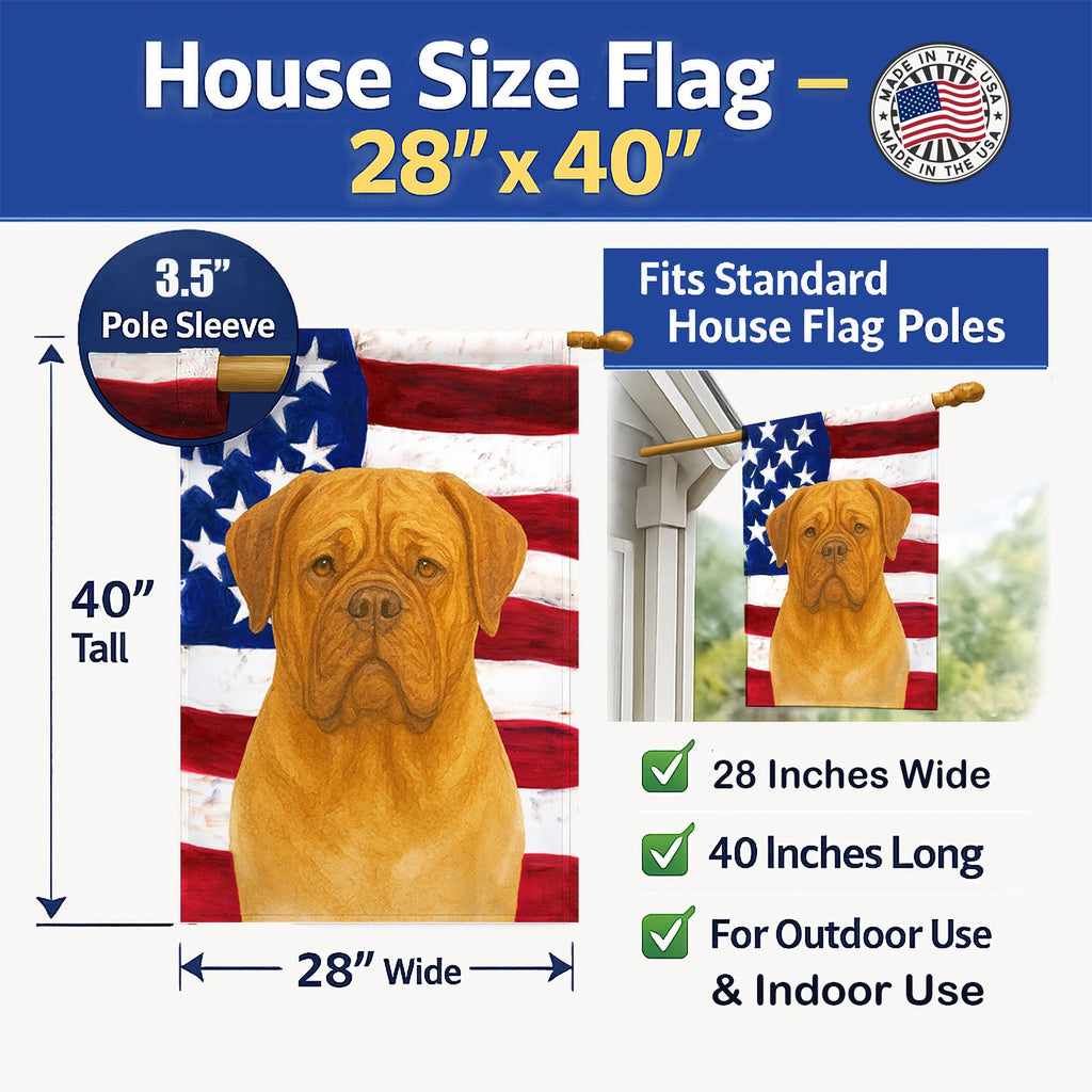 Fawn Dogue de Bordeaux American Flag House Flag 28x40 Porch Sleeve Pole Decorative Outside Yard Banner Artwork Wall Hanging, Polyester