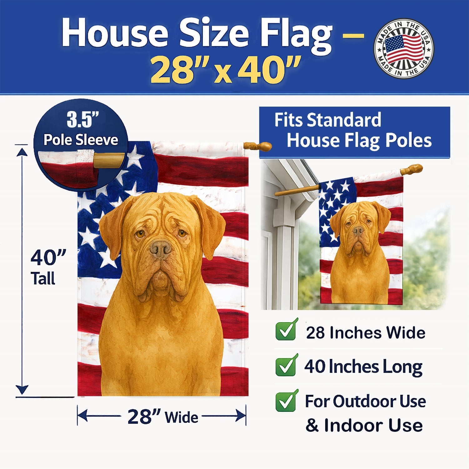 Isabella Dogue de Bordeaux American Flag House Flag 28x40 Porch Sleeve Pole Decorative Outside Yard Banner Artwork Wall Hanging, Polyester