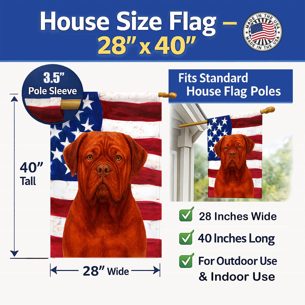 Mahogany Dogue de Bordeaux American Flag House Flag 28x40 Porch Sleeve Pole Decorative Outside Yard Banner Artwork Wall Hanging, Polyester