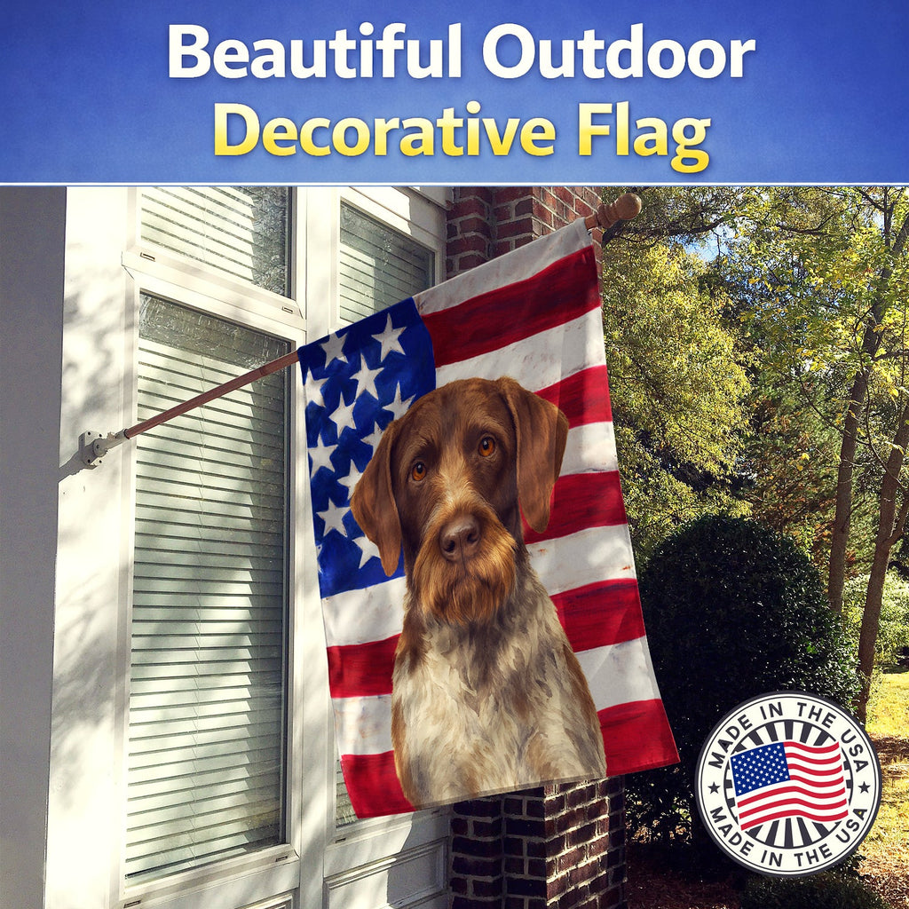 Liver and White German Wirehaired Pointer American Flag House Flag 28x40 Porch Sleeve Pole Decorative Outside Yard Banner Artwork Wall Hanging, Polyester