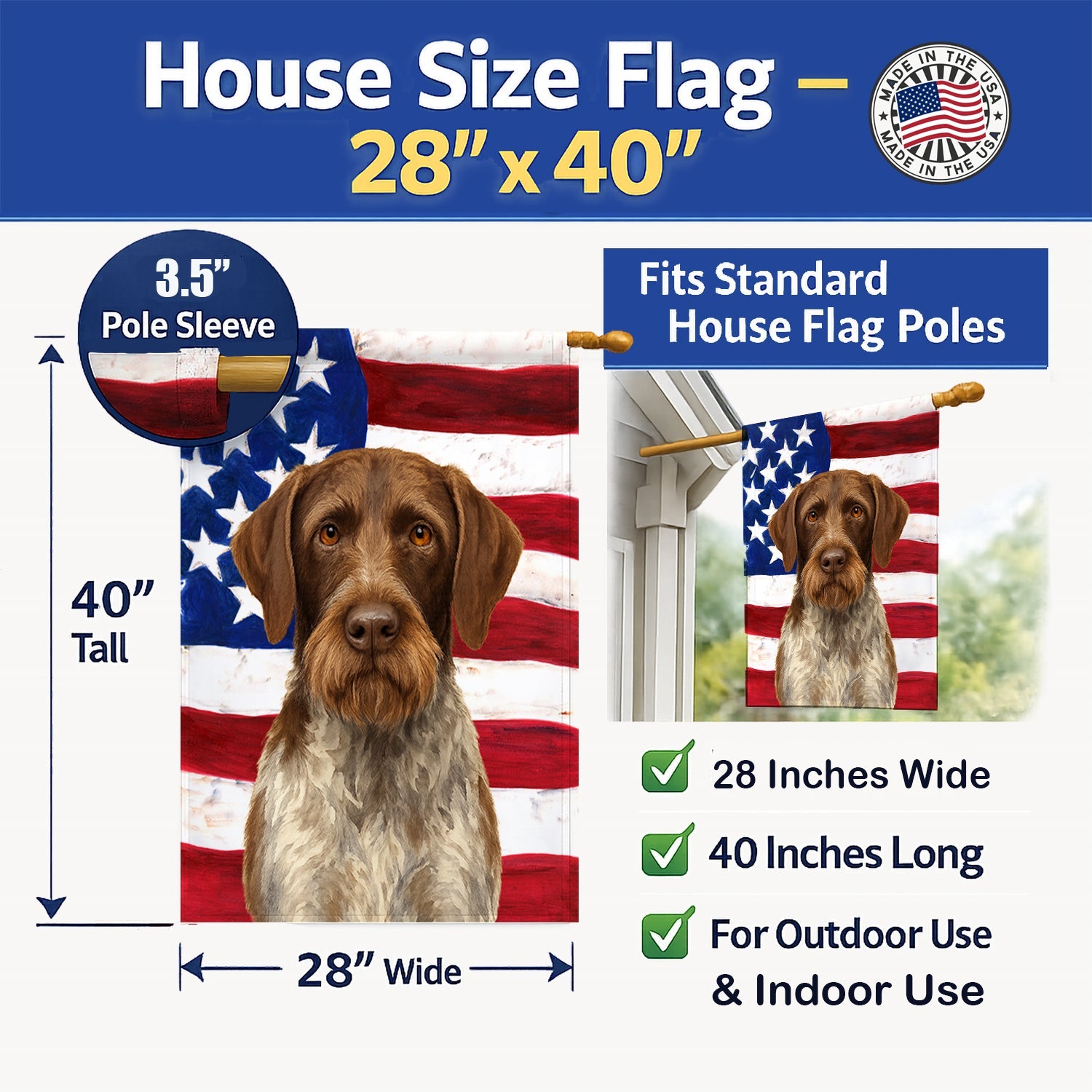 Liver and White German Wirehaired Pointer American Flag House Flag 28x40 Porch Sleeve Pole Decorative Outside Yard Banner Artwork Wall Hanging, Polyester