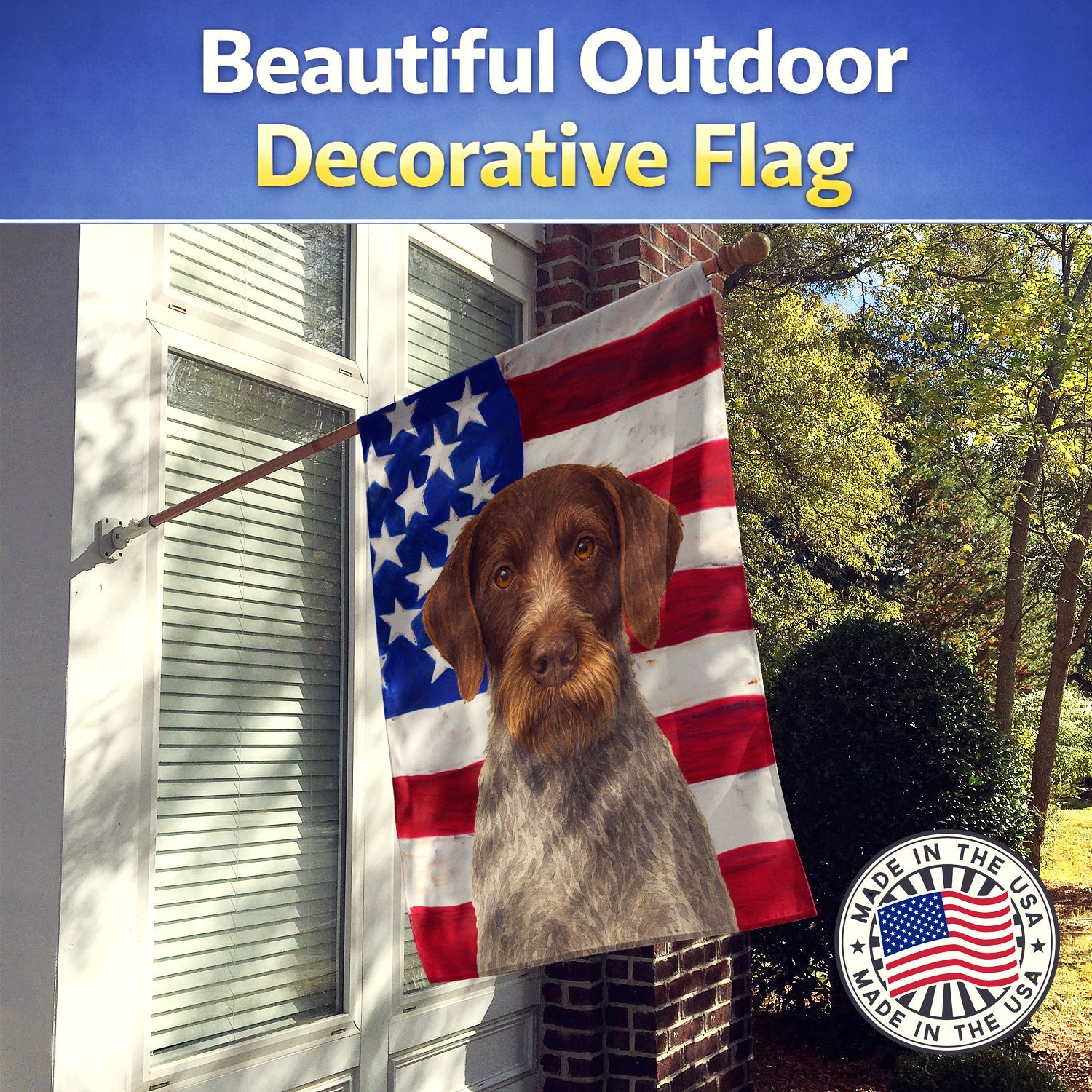 Roan German Wirehaired Pointer American Flag House Flag 28x40 Porch Sleeve Pole Decorative Outside Yard Banner Artwork Wall Hanging, Polyester