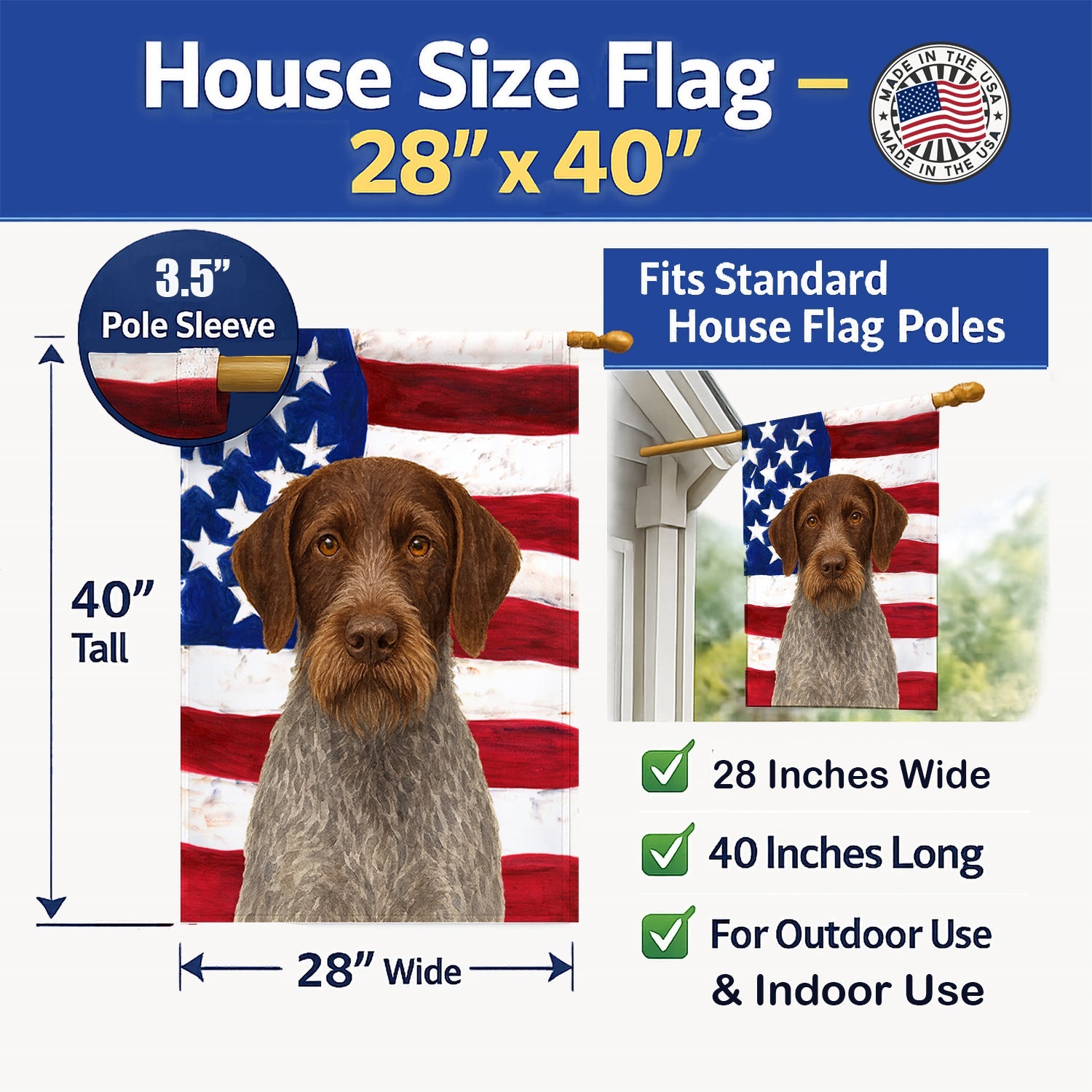 Roan German Wirehaired Pointer American Flag House Flag 28x40 Porch Sleeve Pole Decorative Outside Yard Banner Artwork Wall Hanging, Polyester