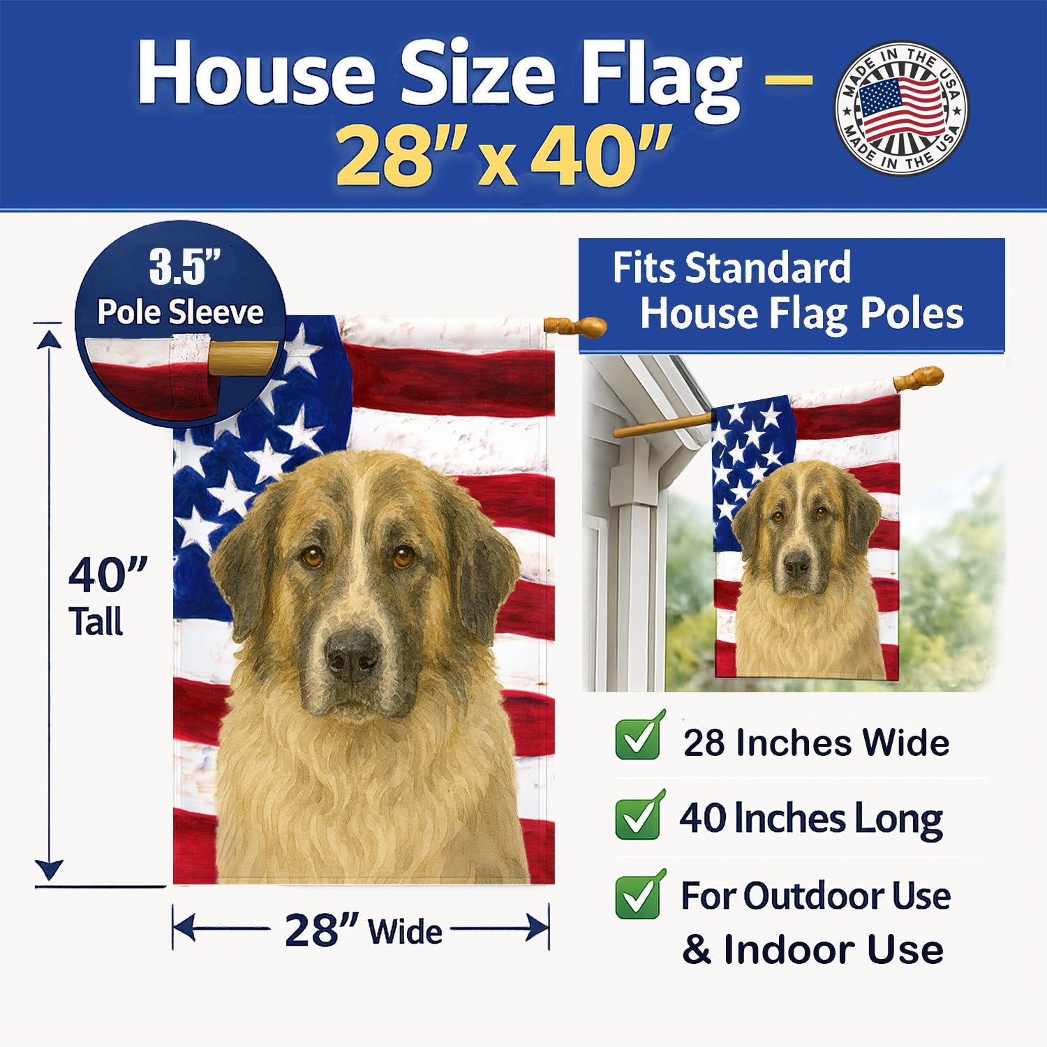 Badger Great Pyrenees American Flag House Flag 28x40 Porch Sleeve Pole Decorative Outside Yard Banner Artwork Wall Hanging, Polyester