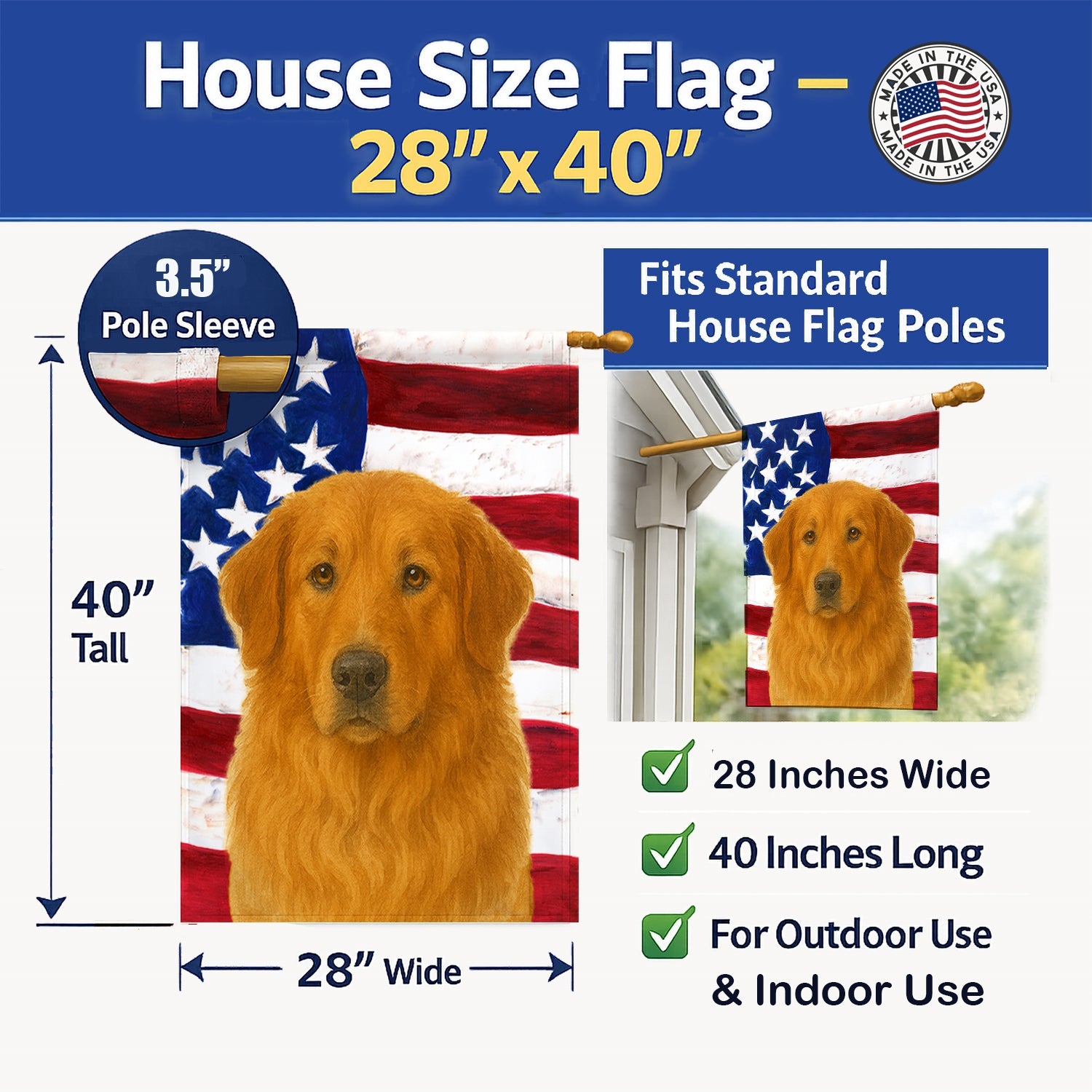 Reddish Brown Great Pyrenees American Flag House Flag 28x40 Porch Sleeve Pole Decorative Outside Yard Banner Artwork Wall Hanging, Polyester